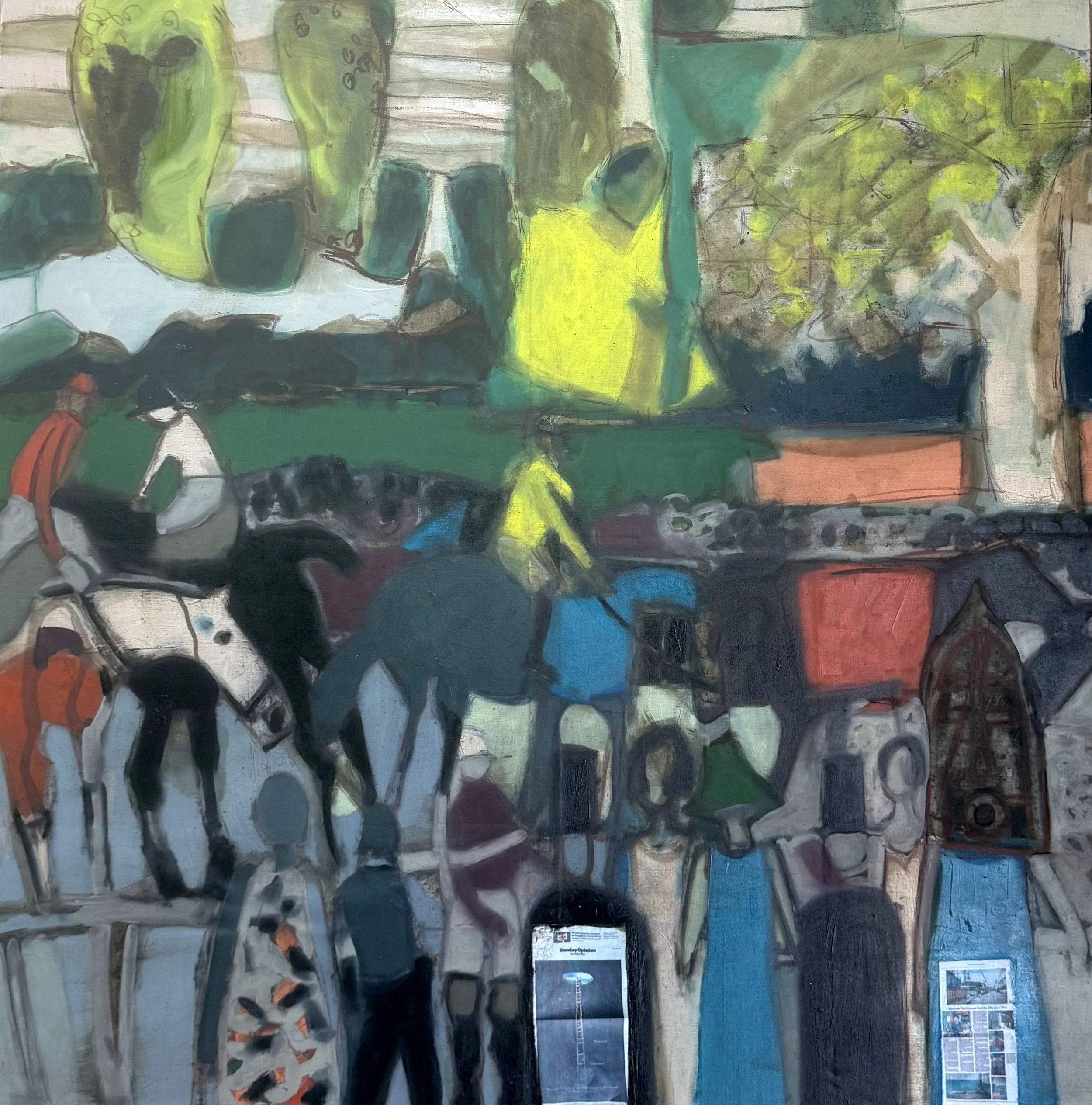 Large-scale narrative painting from Erin McGee Ferrell’s Girl and Horse series, with layered equine and figurative imagery in blue, brown, and white.