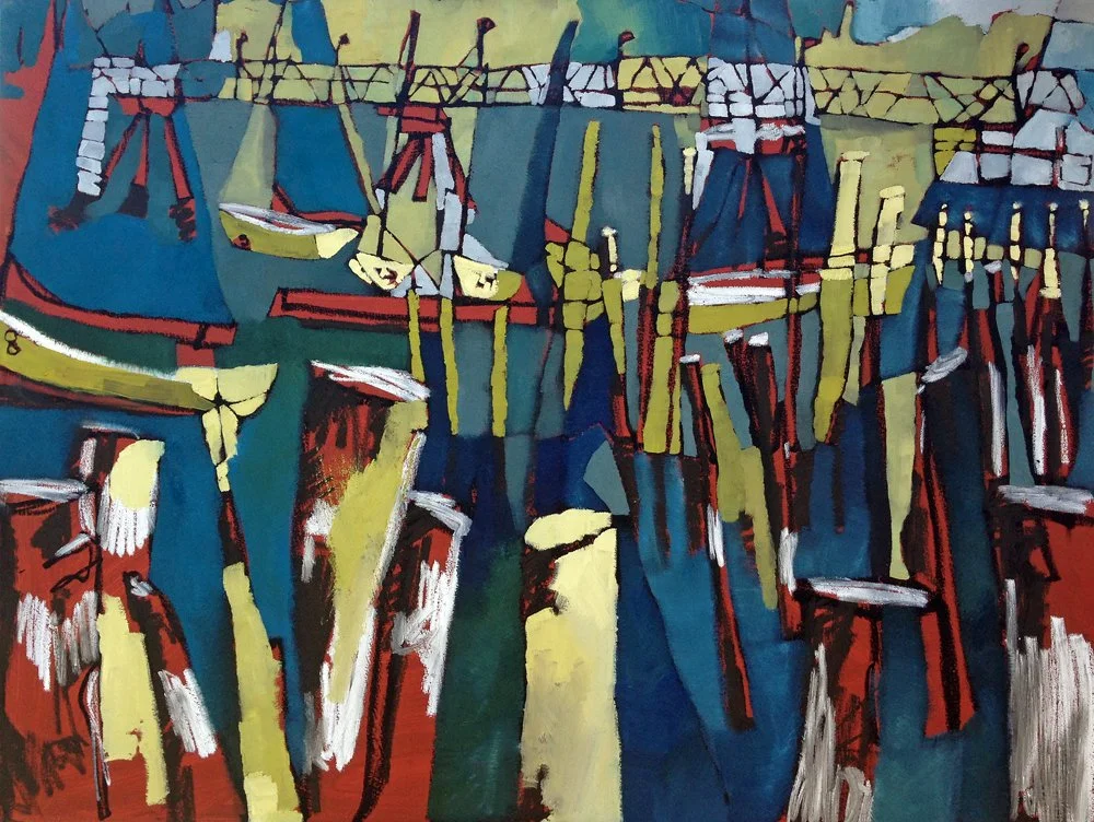 Harbor boats and pilings — painting by Erin McGee Ferrell.