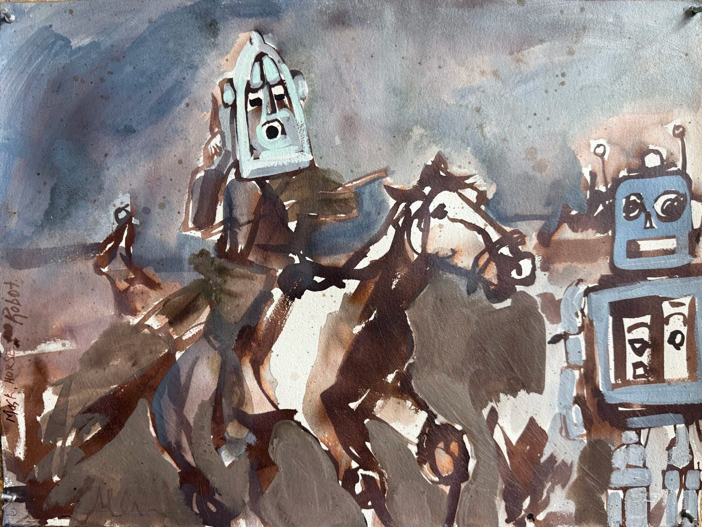 Horse, Rider, and Robot Invasion, 2026
Watercolor and wax
18 × 24 in (45.7 × 61 cm)