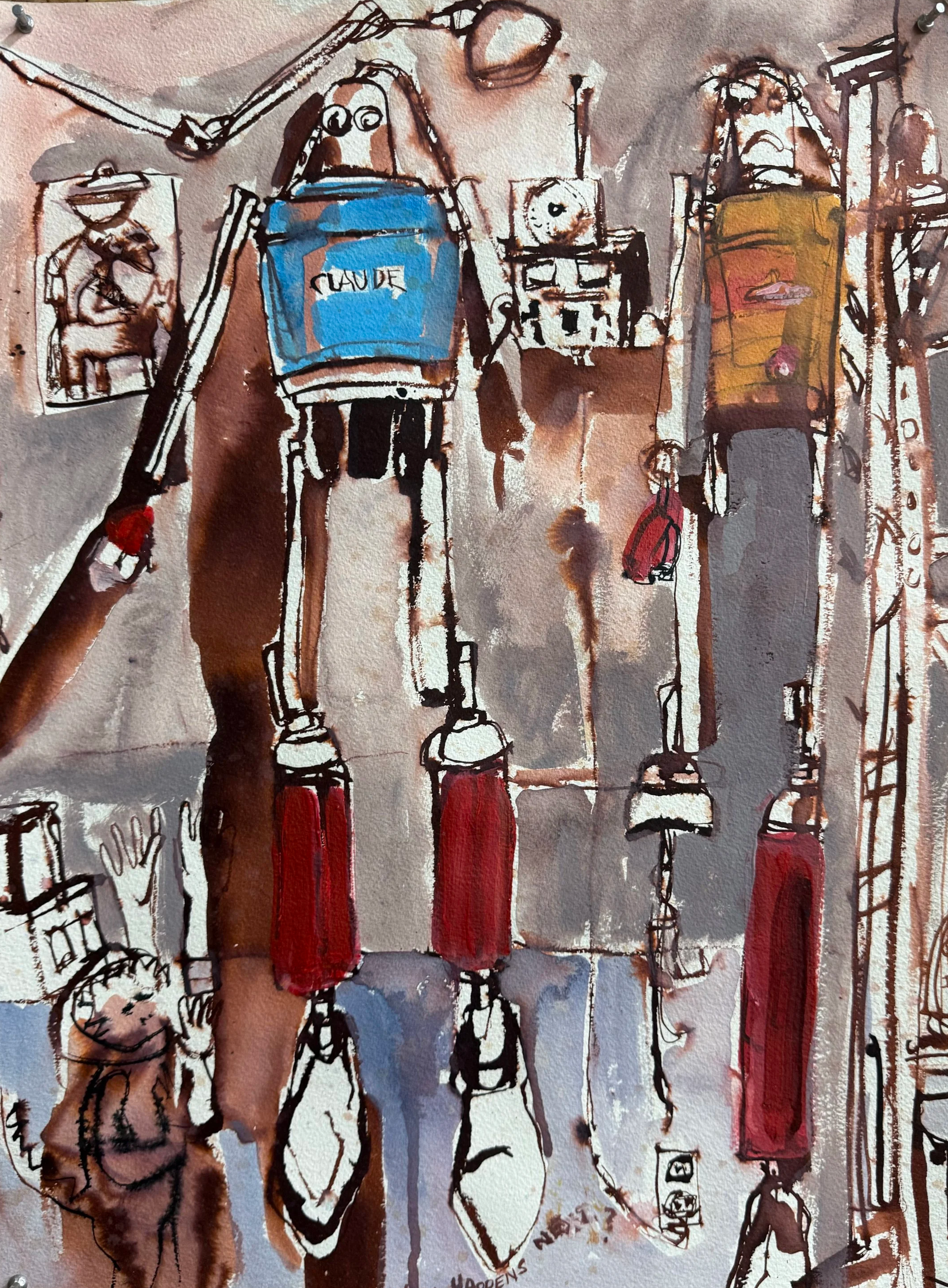 Robot Sisters Sketch (inspired by Toby Fraley Robot Repair) 18 x 24 inches. Watercolor and wax on stretched watercolor. 2026