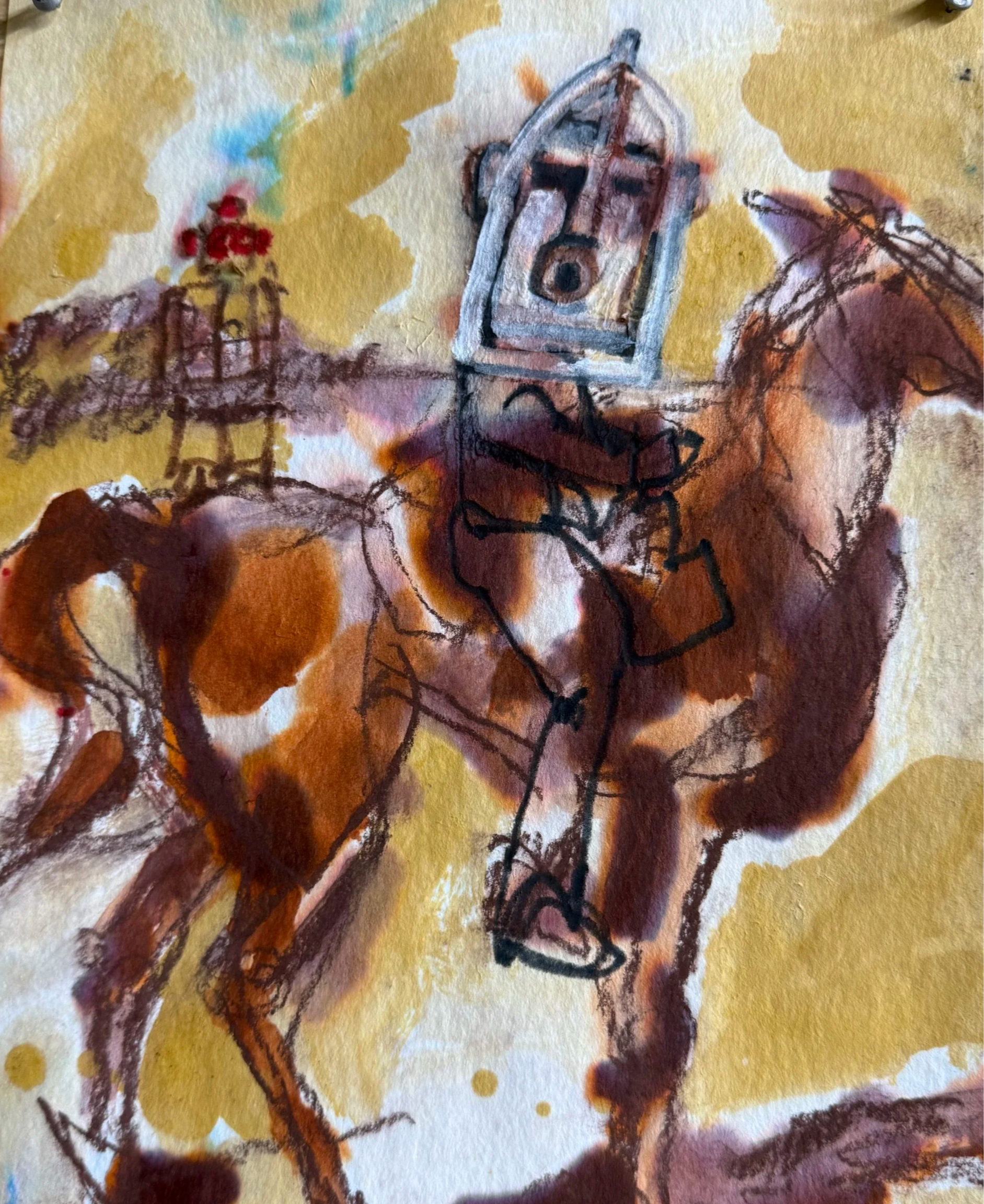 Horse, Rider, and Robot, 2026
Watercolor and wax
11 × 14 in (27.9 × 35.6 cm)