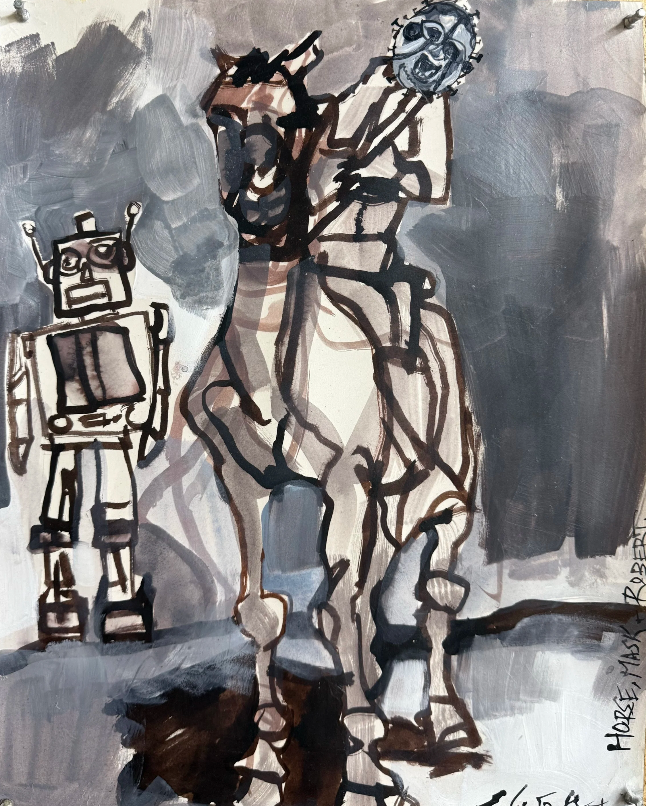 Masked Rider meets Robot, 2026
Watercolor and wax on stretched watercolor
18 × 24 in (45.7 × 61 cm)