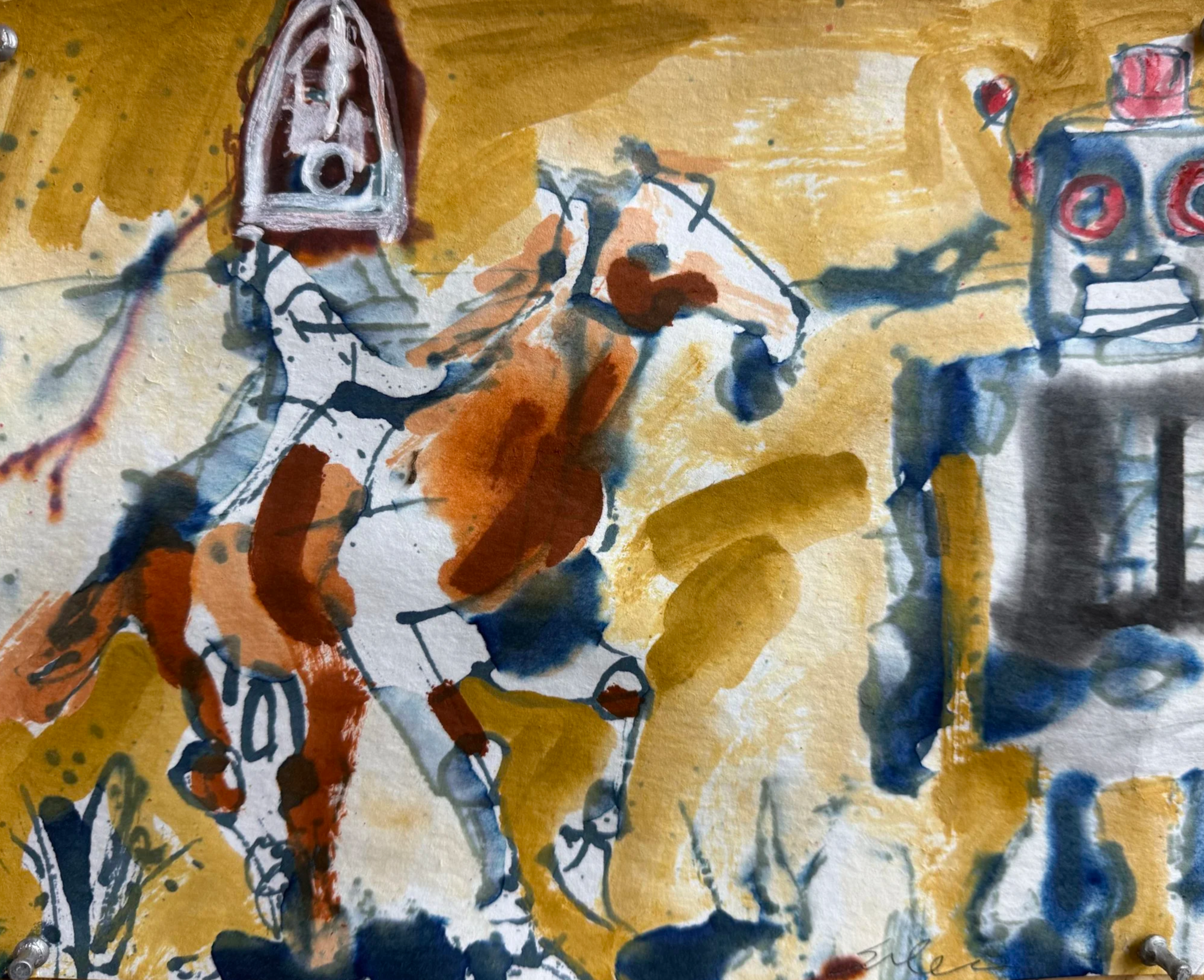 Masked Rider meets Big Robot, 2026
Watercolor and wax on stretched watercolor
18 × 24 in (45.7 × 61 cm)