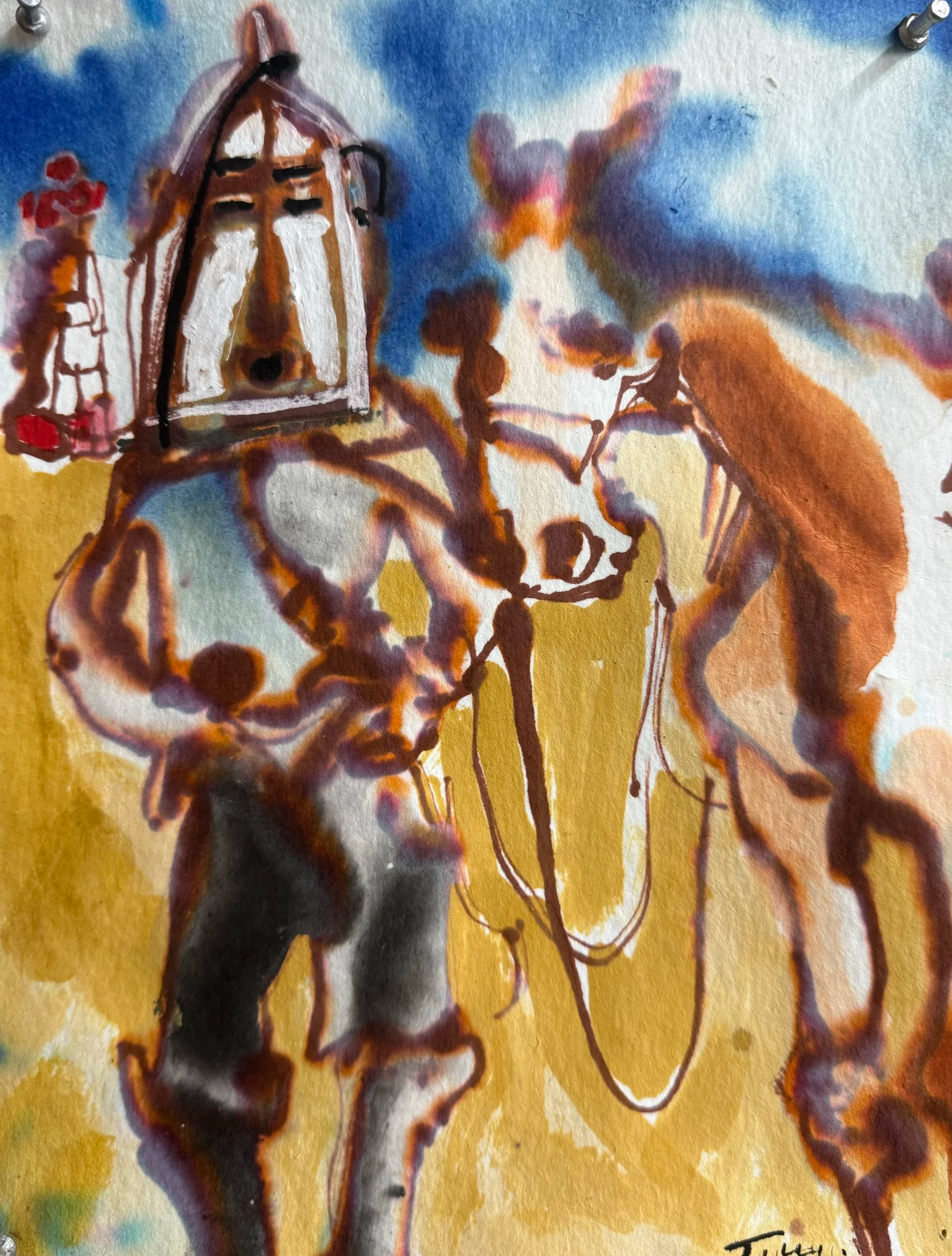 Masked Rider meets Robot, 2026
Watercolor and wax on stretched watercolor
11 × 14 in (27.9 × 35.6 cm)