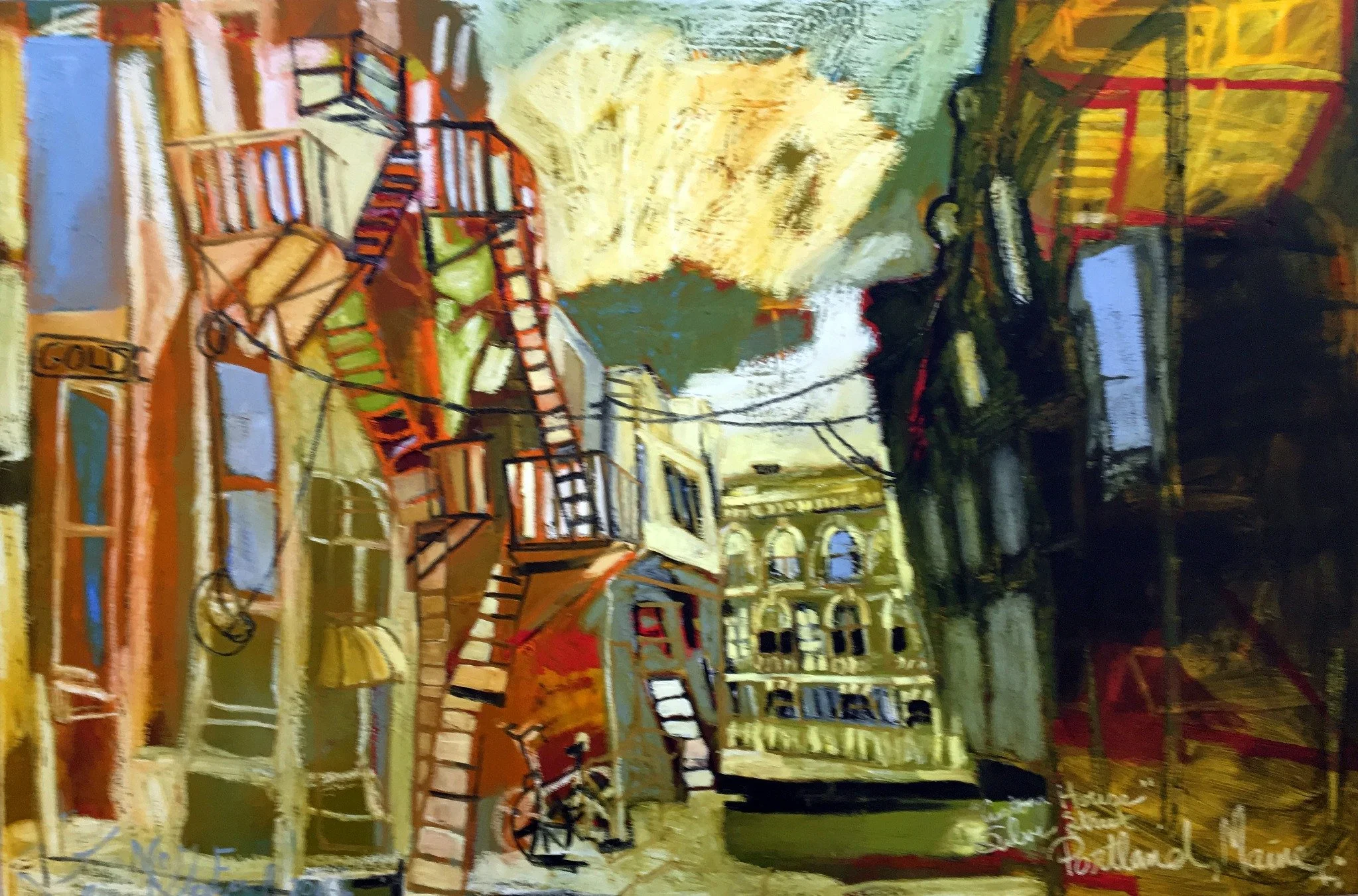 Portland back-alley view in green and ochre — painting by Erin McGee Ferrell.