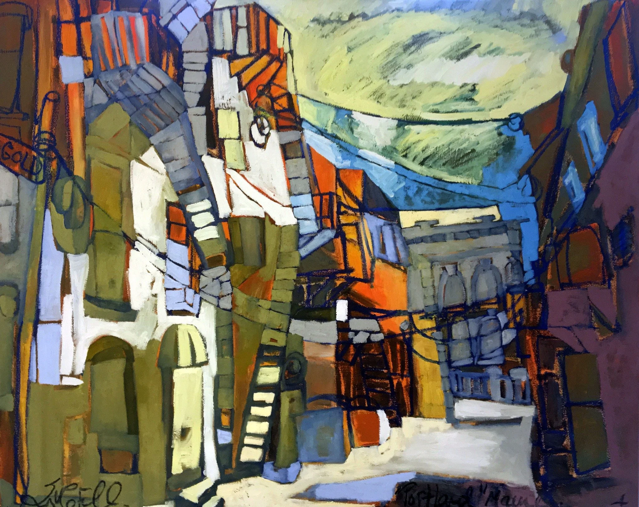 Snow-covered alley and fire escapes in Portland, Maine — painting by Erin McGee Ferrell.