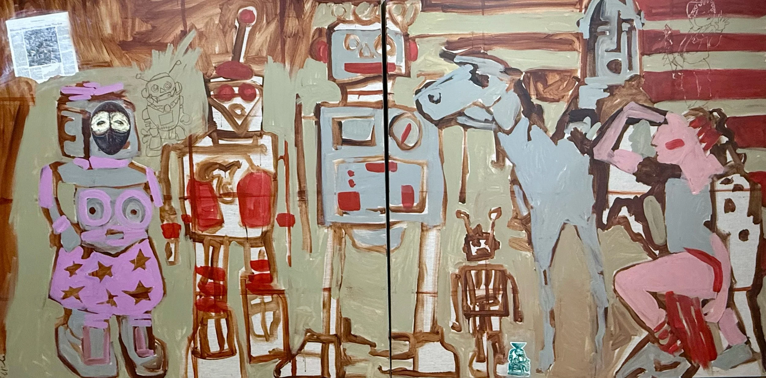 Hero, Horse, and Robots — Erin McGee Ferrell. Mixed media on linen, 12 x 6 ft. A female figure raises her arm beside a pale horse and a group of robots, with masks and red-and-cream stripes.