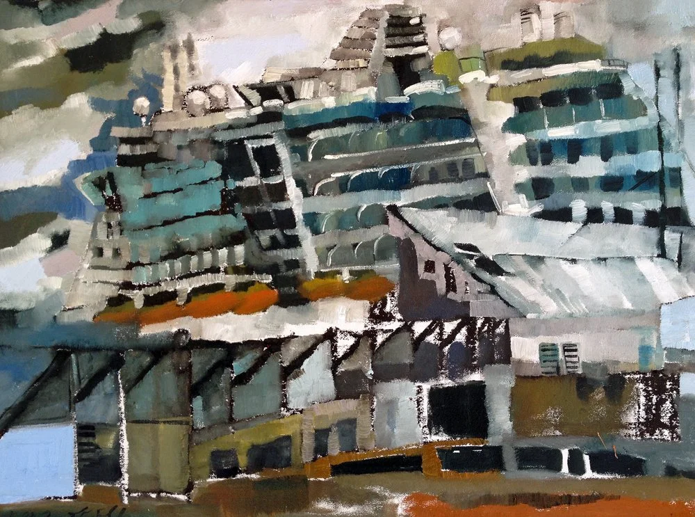 Cruise ship and waterfront buildings — Maine painting by Erin McGee Ferrell.