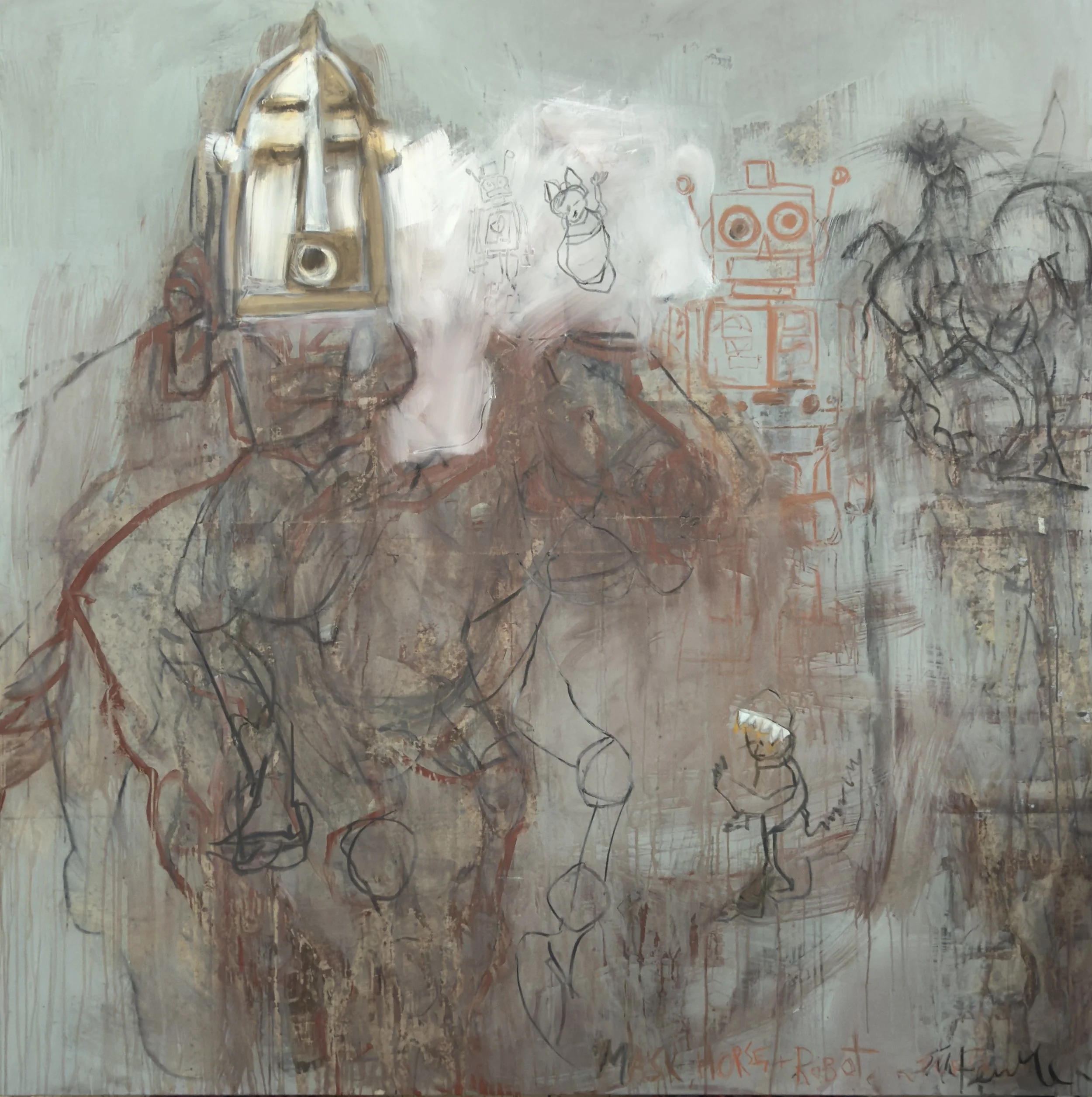 Mask, Horse, and Robot 72 x 72 in oil on linen