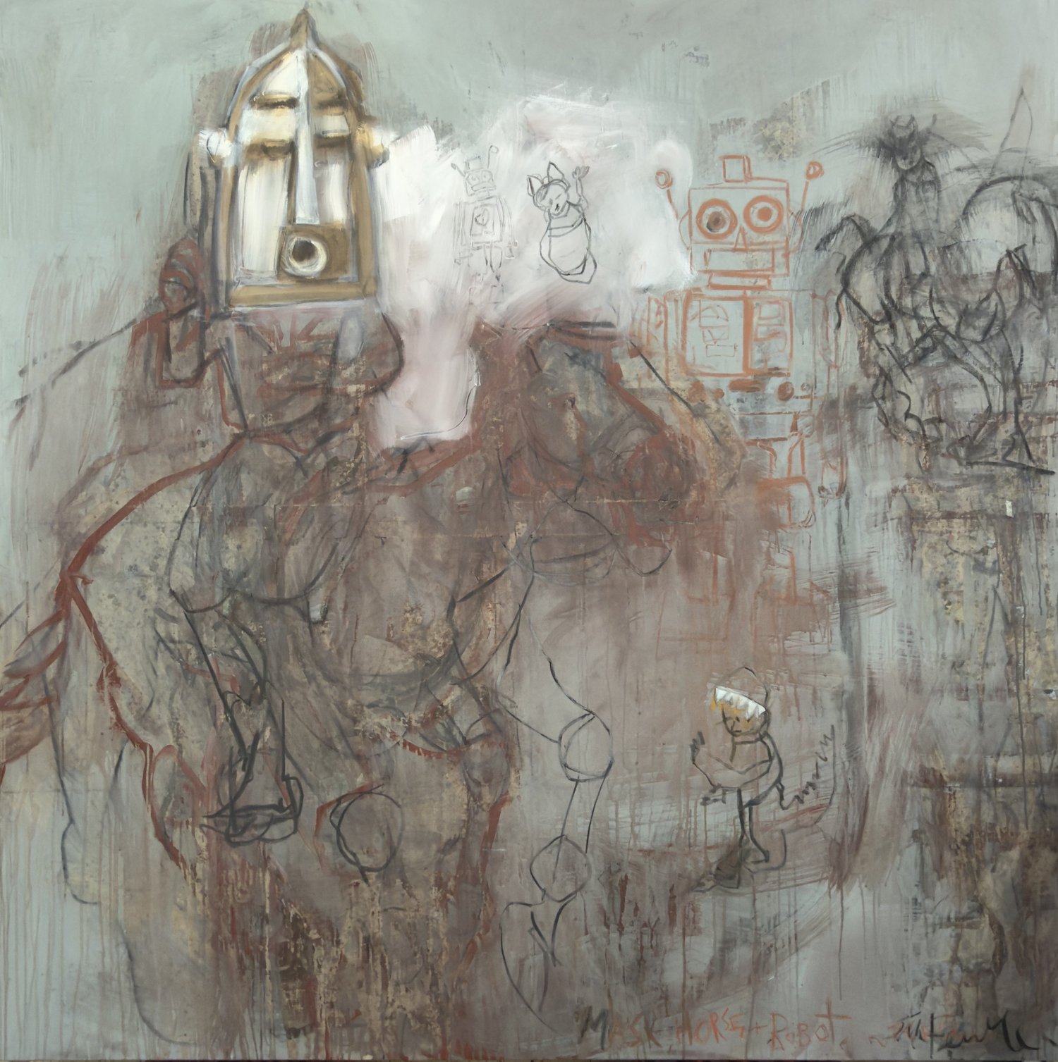 Mask, Horse, and Robot, 2026, oil on linen by Erin McGee Ferrell