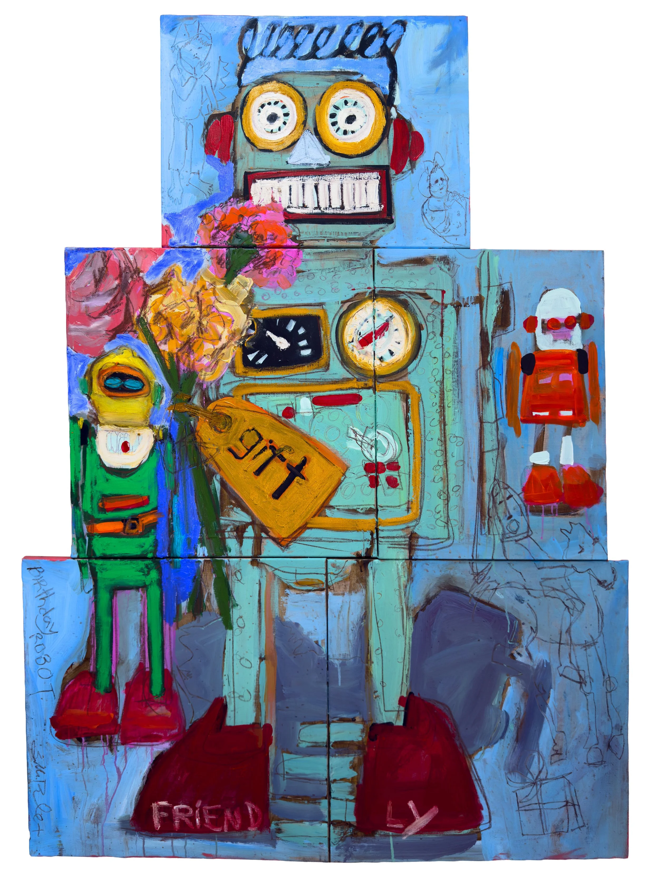 Birthday Robot, 2026
Mixed Media on linen 
48 x 66 inches (122 x 168 cm)