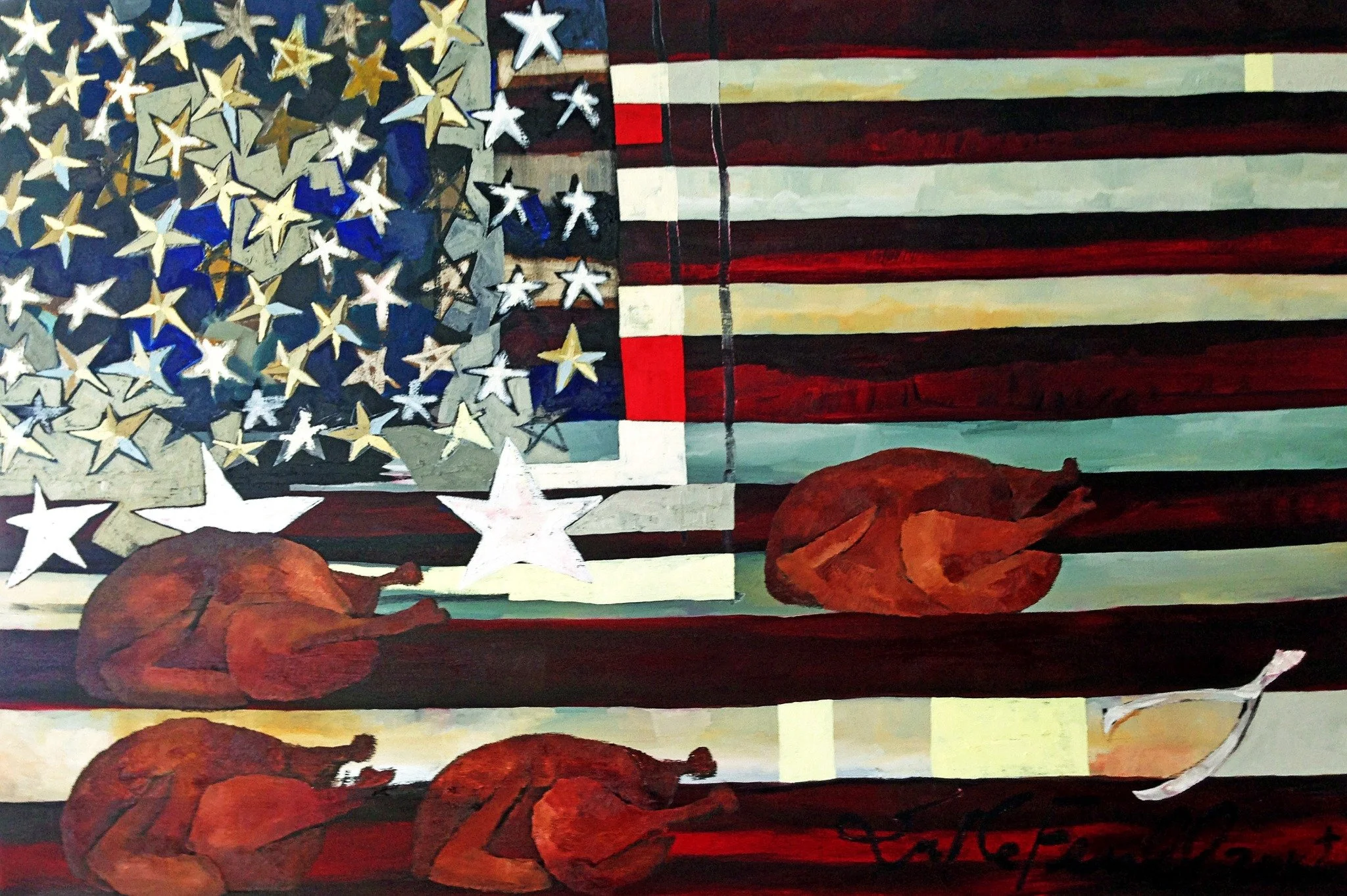 Thanksgiving imagery with an American flag — painting by Erin McGee Ferrell from her Maine years.