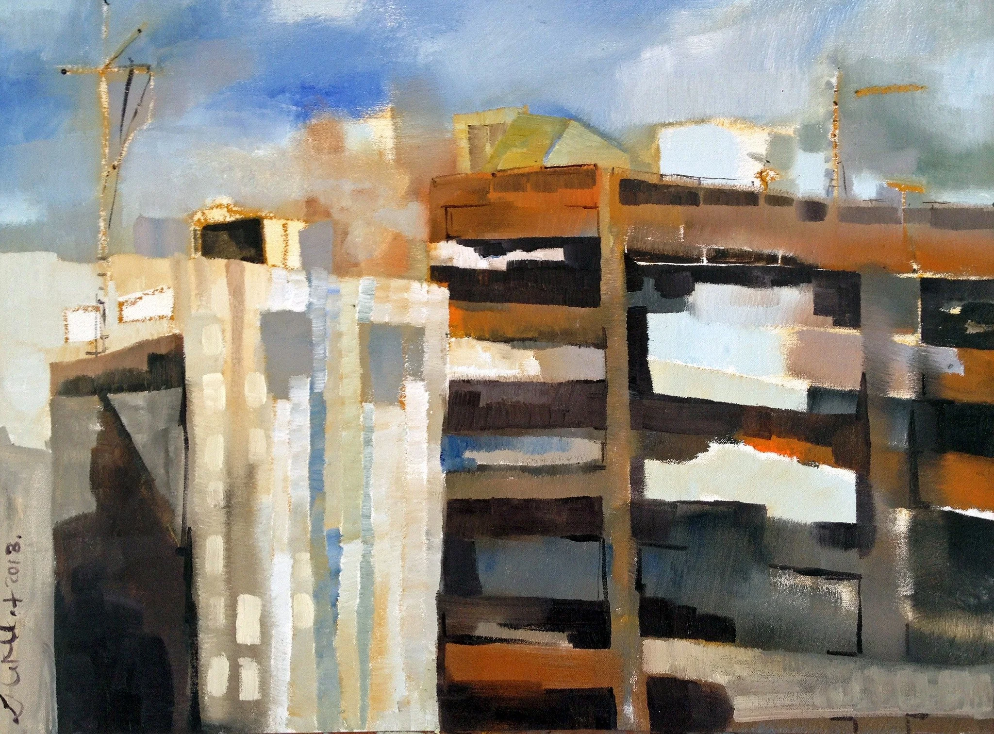 Parking garage in ochre, grey, and blue — Maine painting by Erin McGee Ferrell.