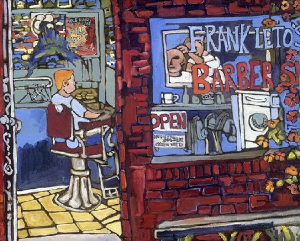 Frank Letto’s Barber Shop, Moorestown, painted by Erin McGee Ferrell. Artwork published in Moorestown Patch, October 2012.