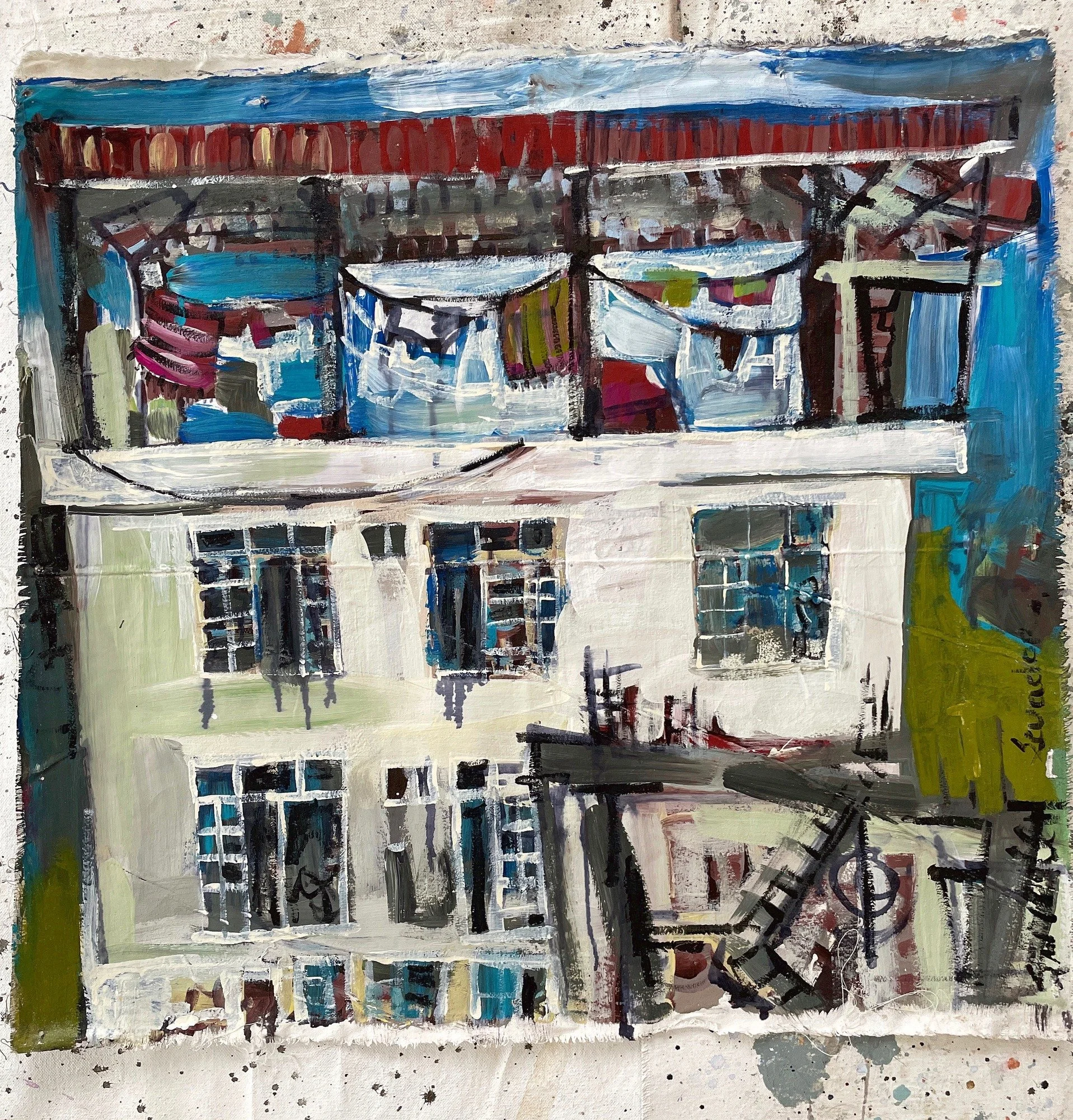 Erin McGee Ferrell — painting of a covered rooftop with drying laundry in Tena, Ecuador. From the series made with house paint, burlap, and natural pigments.