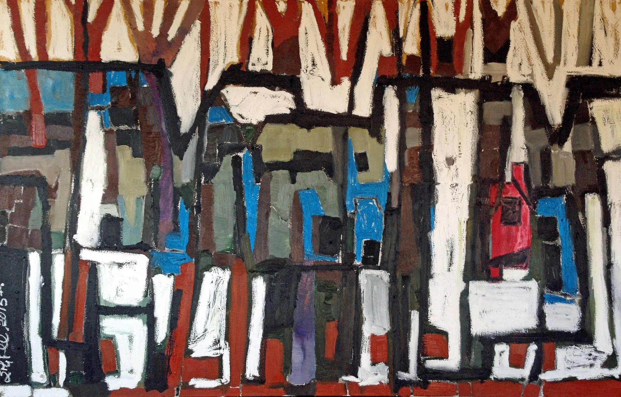 Angular pilings and water in blue, white, and red — Maine painting by Erin McGee Ferrell.