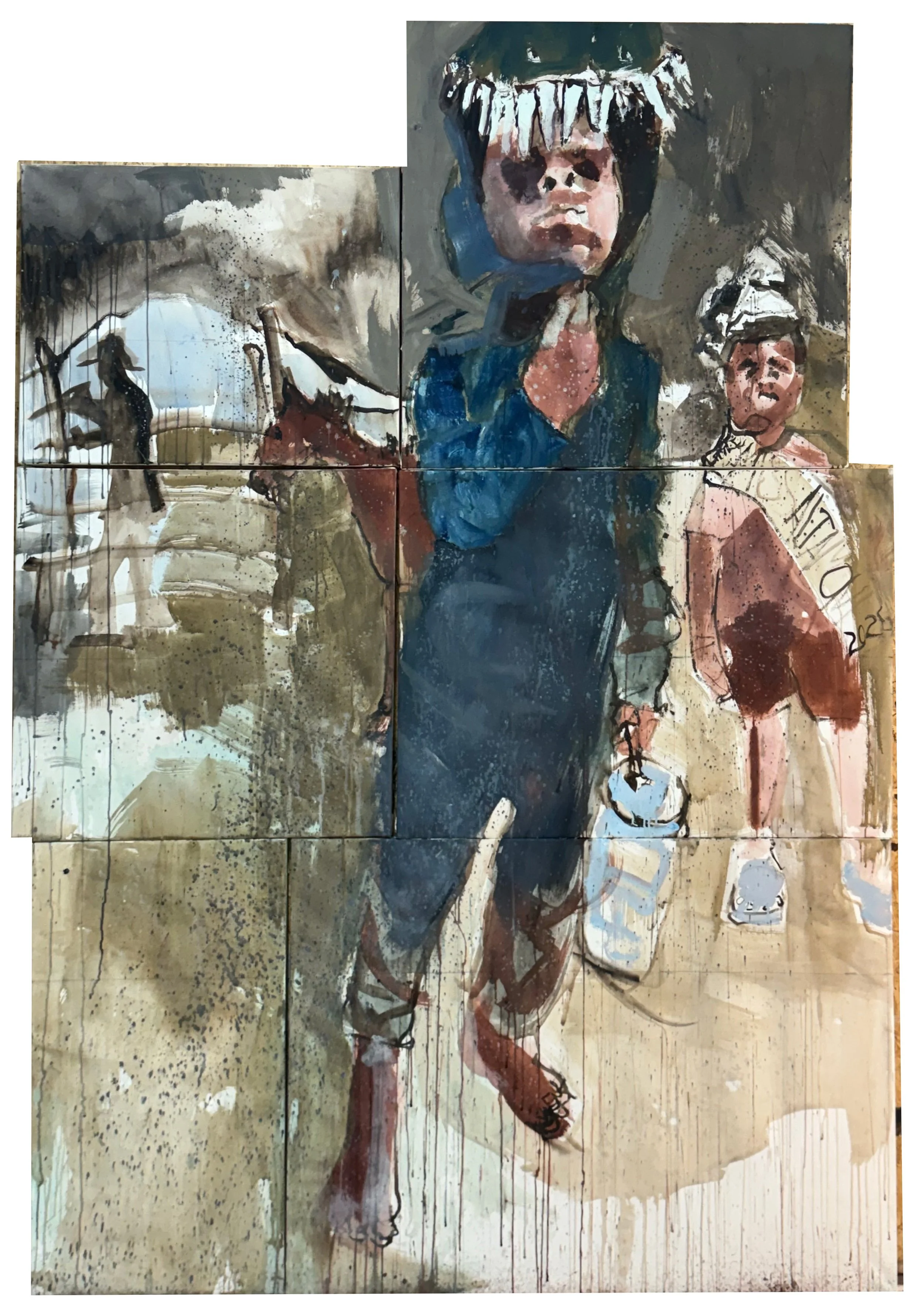 Meet Dino Boy 100 x 72 in  Stretched Watercolor on joined panels