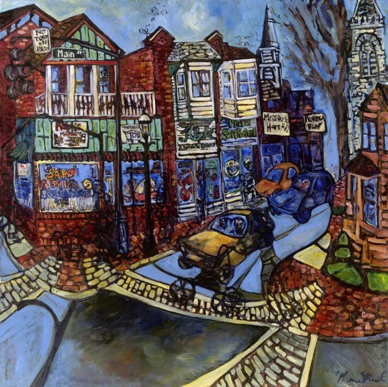 Moorestown’s Main Street, painted by Erin McGee Ferrell. Artwork published in Moorestown Patch, October 2012.