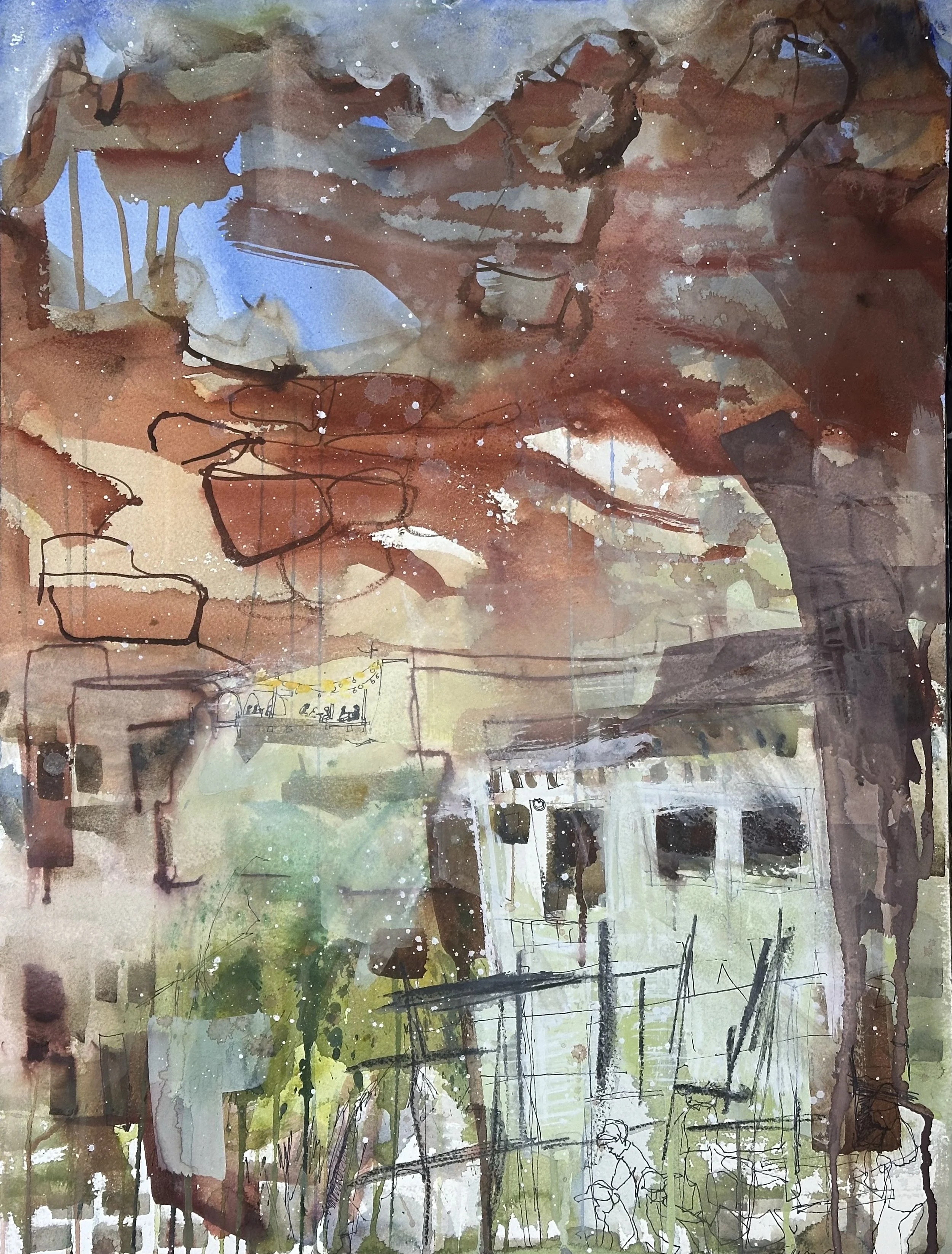 Painting by Erin McGee Ferrell with red-brown cliffs, pale buildings, green washes and figures, made in AlUla.