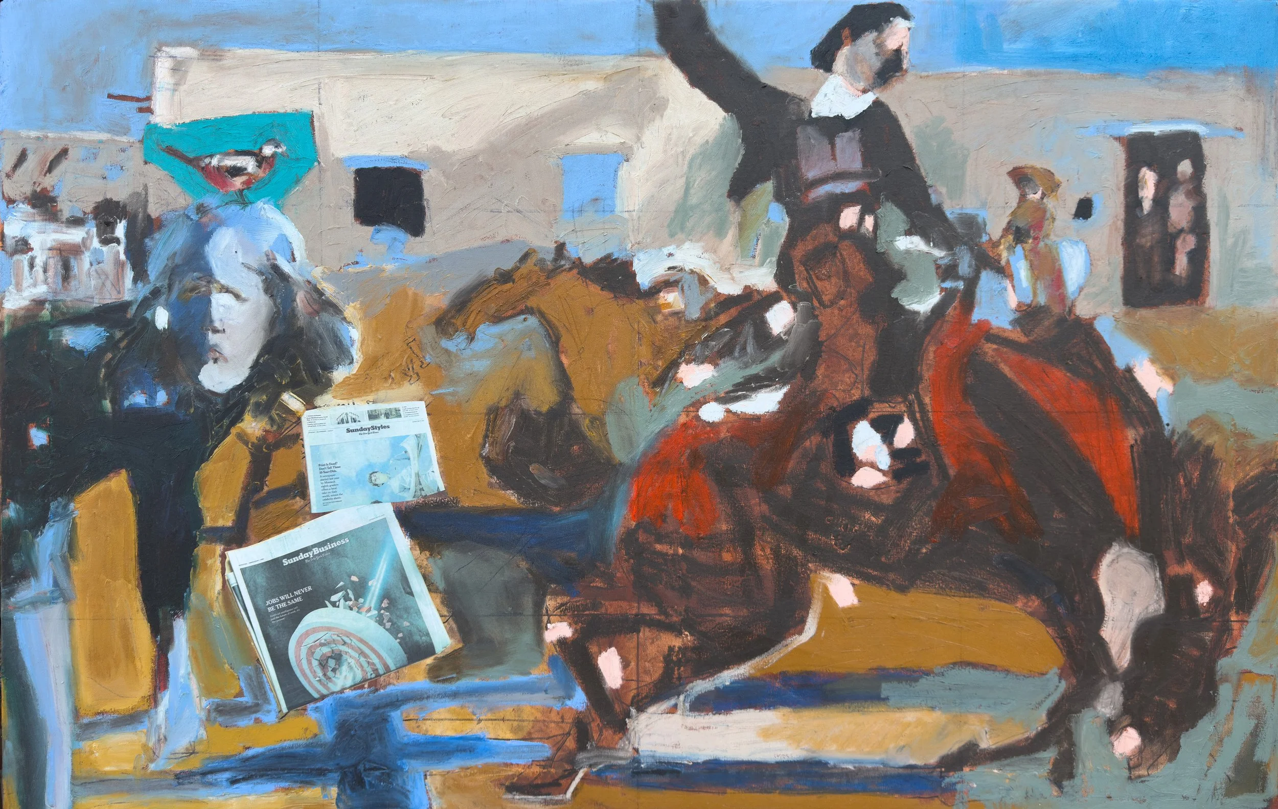 Erin McGee Ferrell, Bird, Girl, and Horse, 2025. Oil on canvas, 36 × 56 inches. Exhibited at Jeju Art for Earth, South Korea.