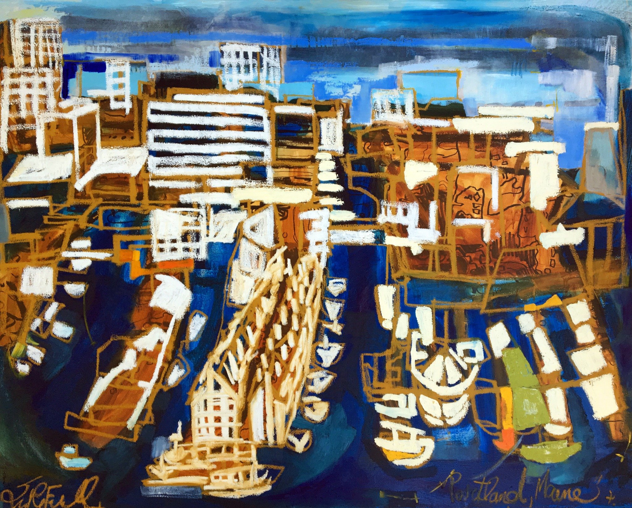 Aerial view of Portland, Maine, and its harbor — painting by Erin McGee Ferrell.