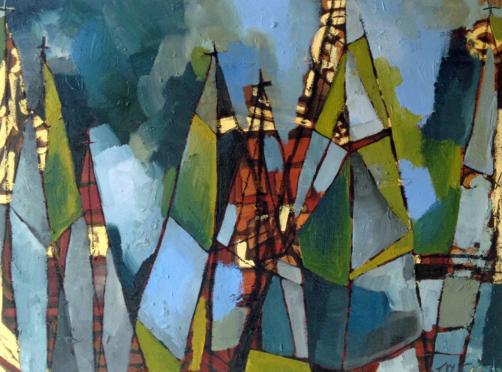 Green masts and angular sails — Maine painting by Erin McGee Ferrell.