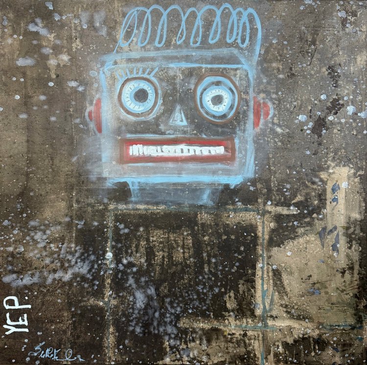 Yep. Robot by Erin McGee Ferrell: a blue-outlined robot with circular eyes and a red mouth on a dark, textured painted surface.