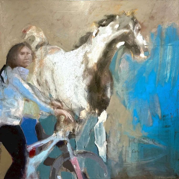 Girl, Horse, and Bicycle by Erin McGee Ferrell: a girl with a bicycle beside a white-and-brown horse, painted against a blue and earthy background.