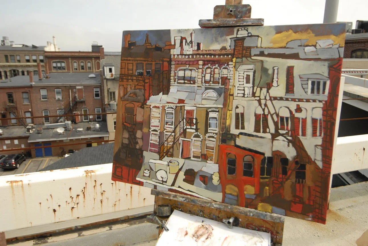 An architectural painting beside the rooftop view that inspired it, 2014.