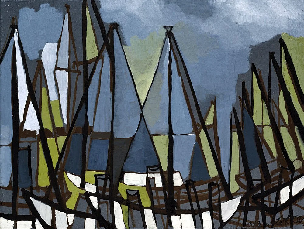 Sailboats in blue, green, and white — Maine painting by Erin McGee Ferrell.
