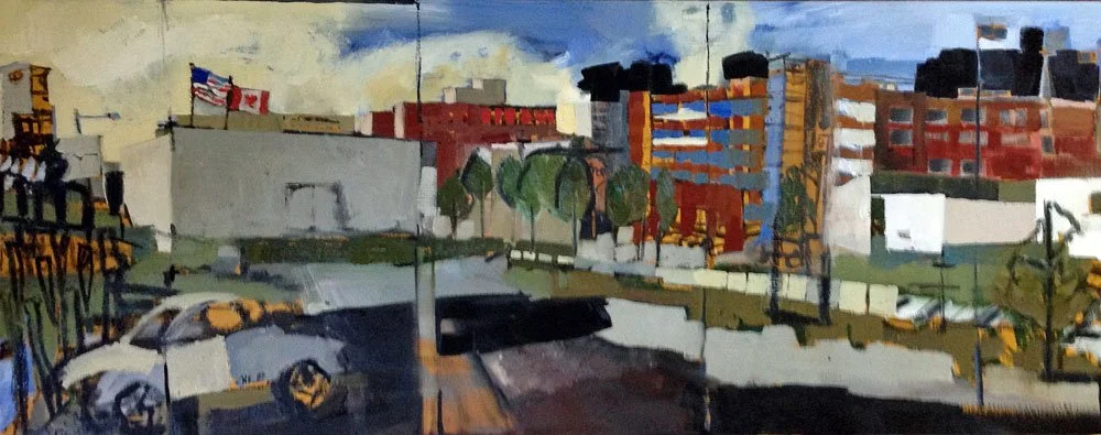 Maine city panorama — Erin McGee Ferrell. Oil on canvas, 20 × 50 inches.
