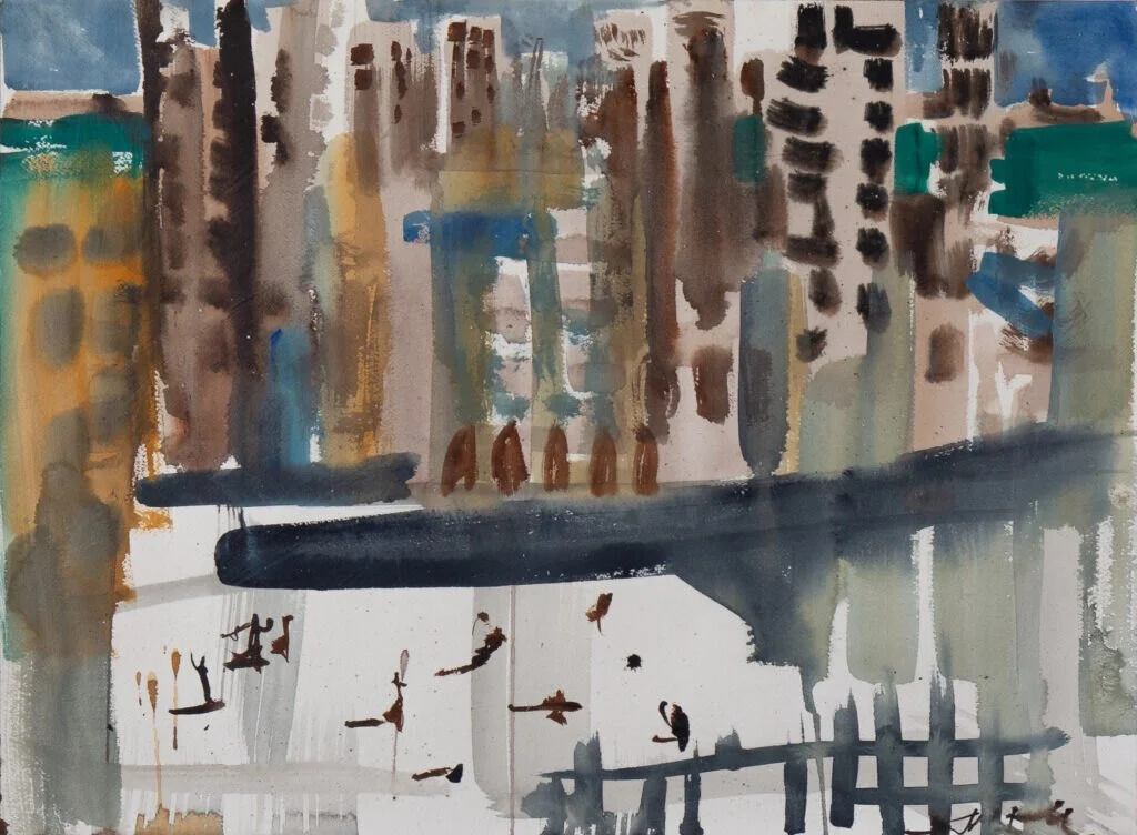 Formula 1 Bahrain painting by Erin McGee Ferrell depicting a race car beneath palm trees in Manama, Bahrain.