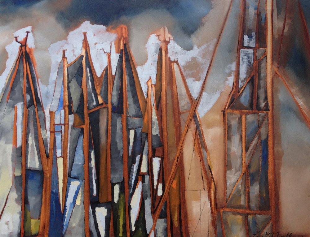 Sailboat masts and rigging in orange and blue — Maine painting by Erin McGee Ferrell.