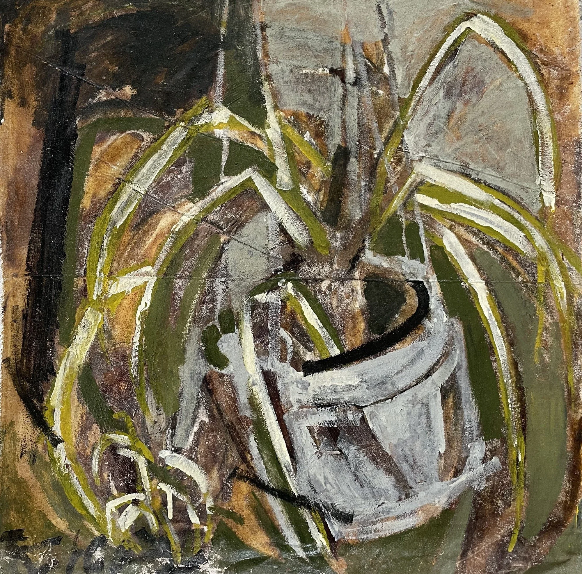 Erin McGee Ferrell — a potted plant study from the Ecuador series, with layered earth tones, olive green, white, and visible material texture.