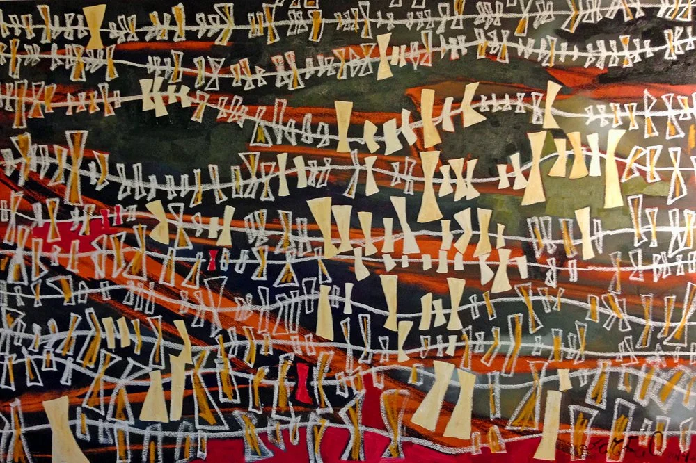 Pilings and reflections — painting by Erin McGee Ferrell.