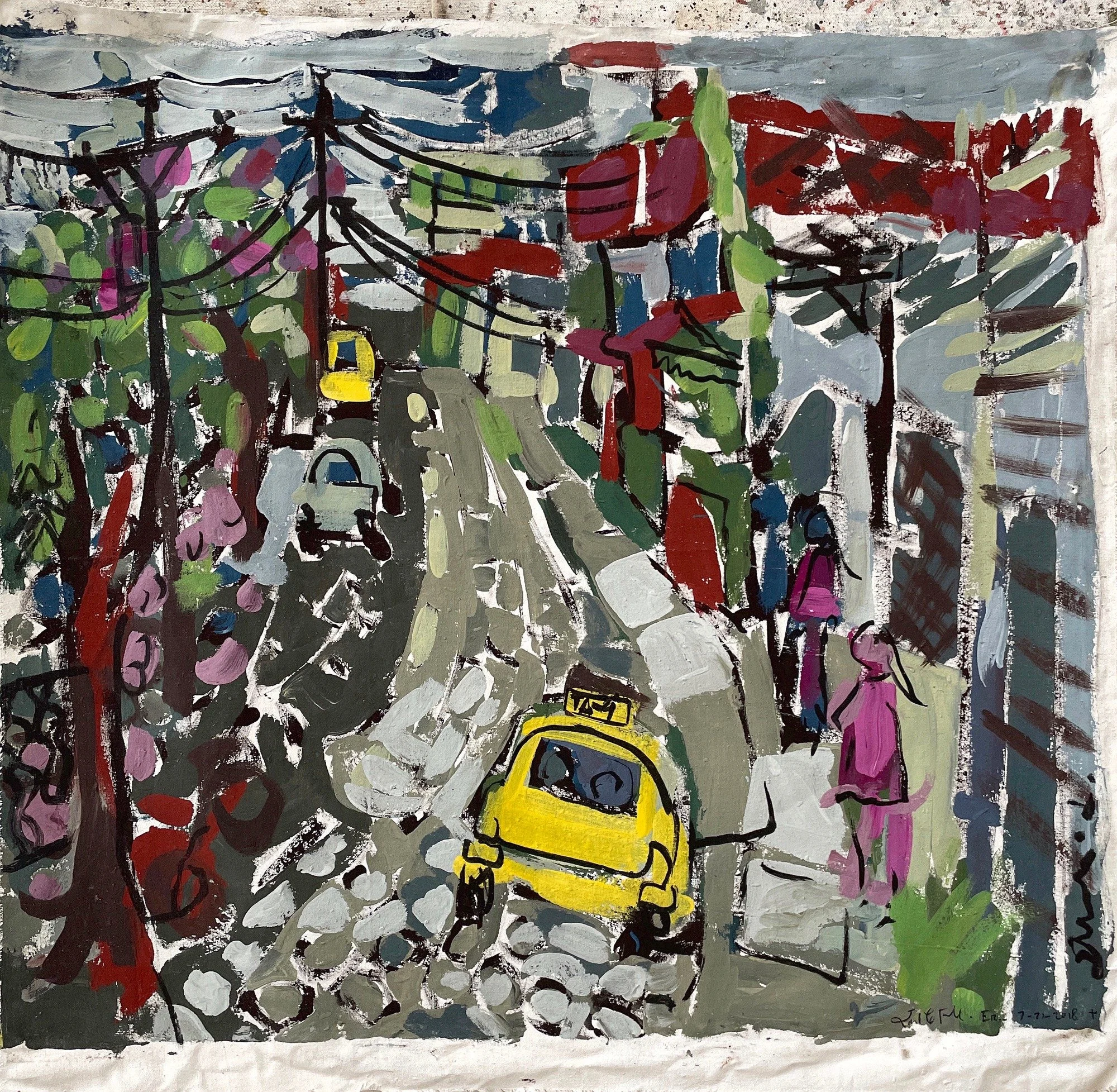 Erin McGee Ferrell — a Tena streetscape with yellow taxis, pedestrians, and overhead wires, painted during her Ecuador project.