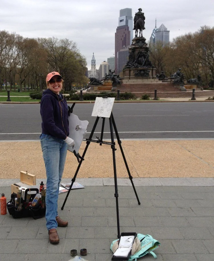Erin McGee Ferrell at her easel by the Philadelphia Museum of Art. Artist’s archive, published April 23, 2013.