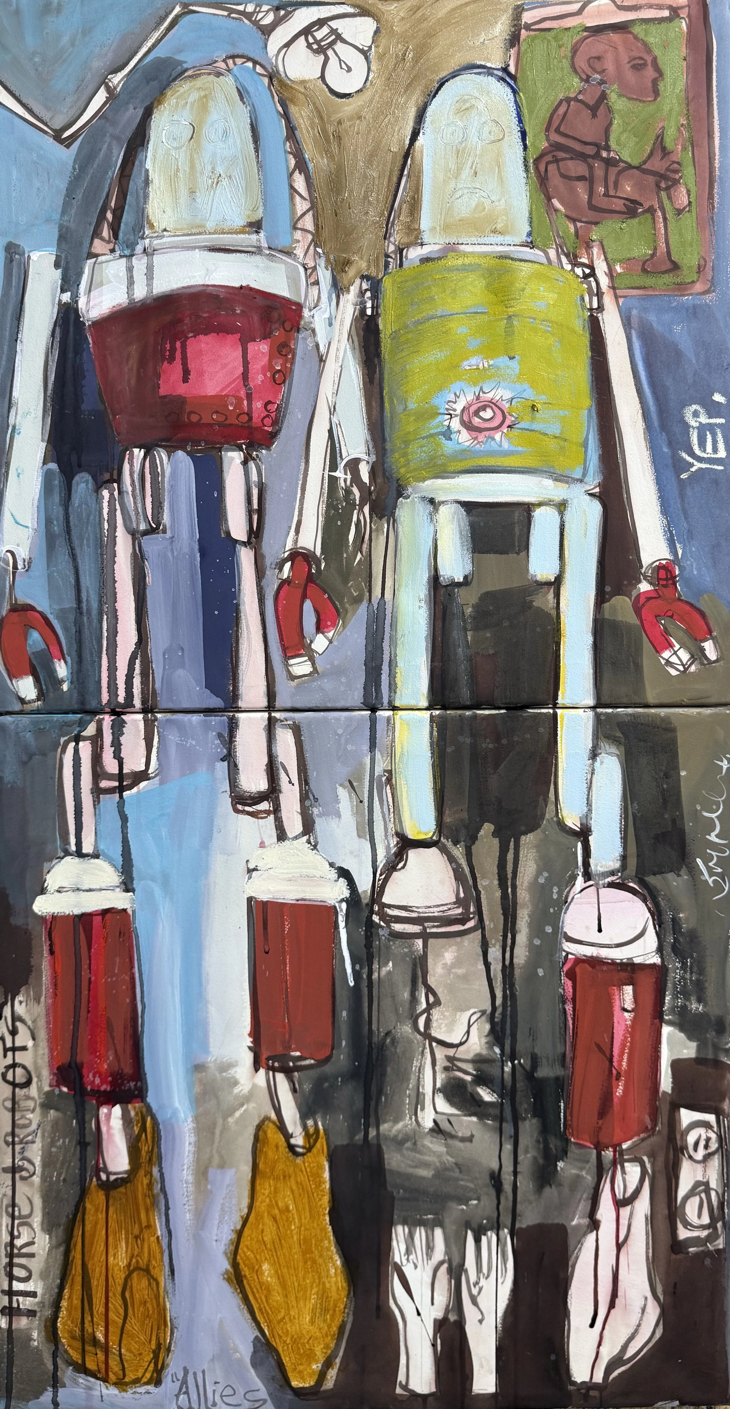 Robot Sisters (inspired by Toby Fraley Robot Repair) 14 x 28 inches. Watercolor and wax on stretched watercolor. 2026