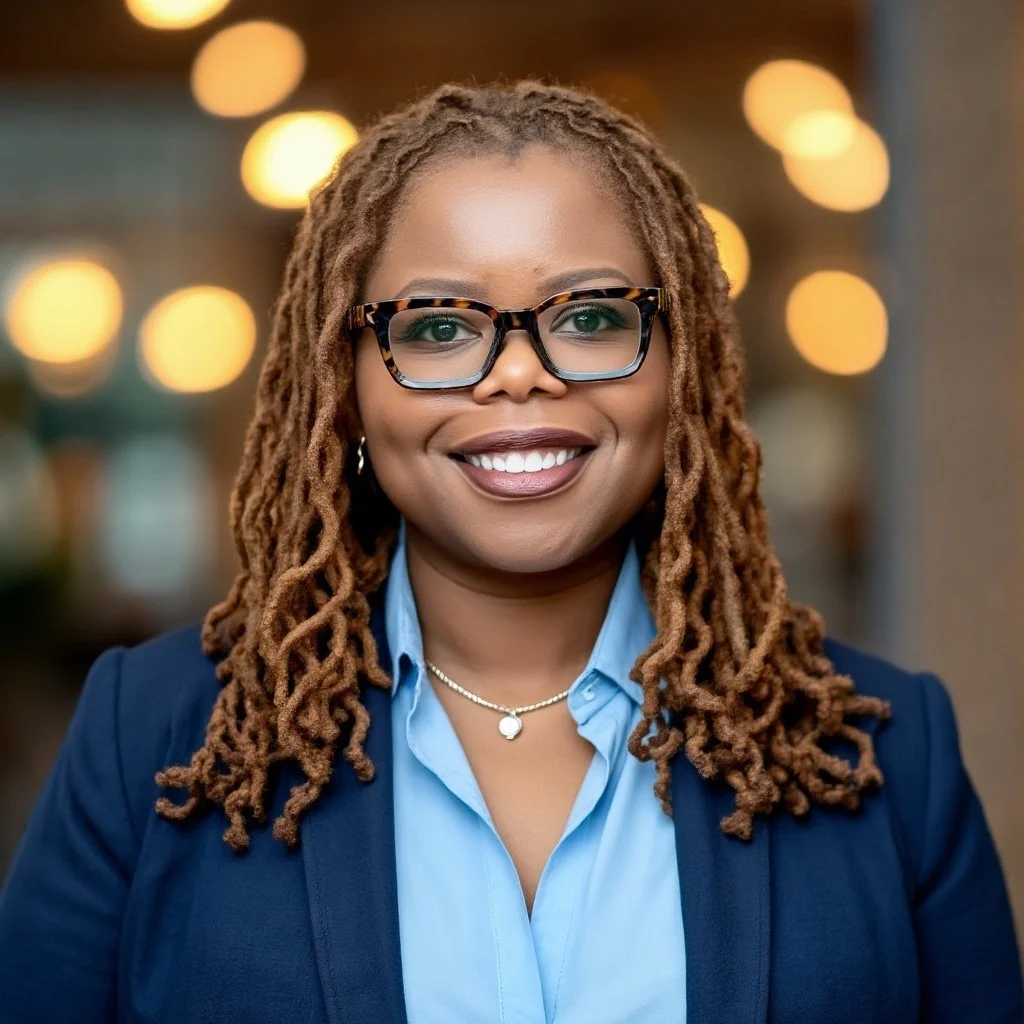 A smiling woman with brown dreadlocks, wearing glasses, a blue shirt, and a dark blazer, standing in a warmly lit indoor setting.