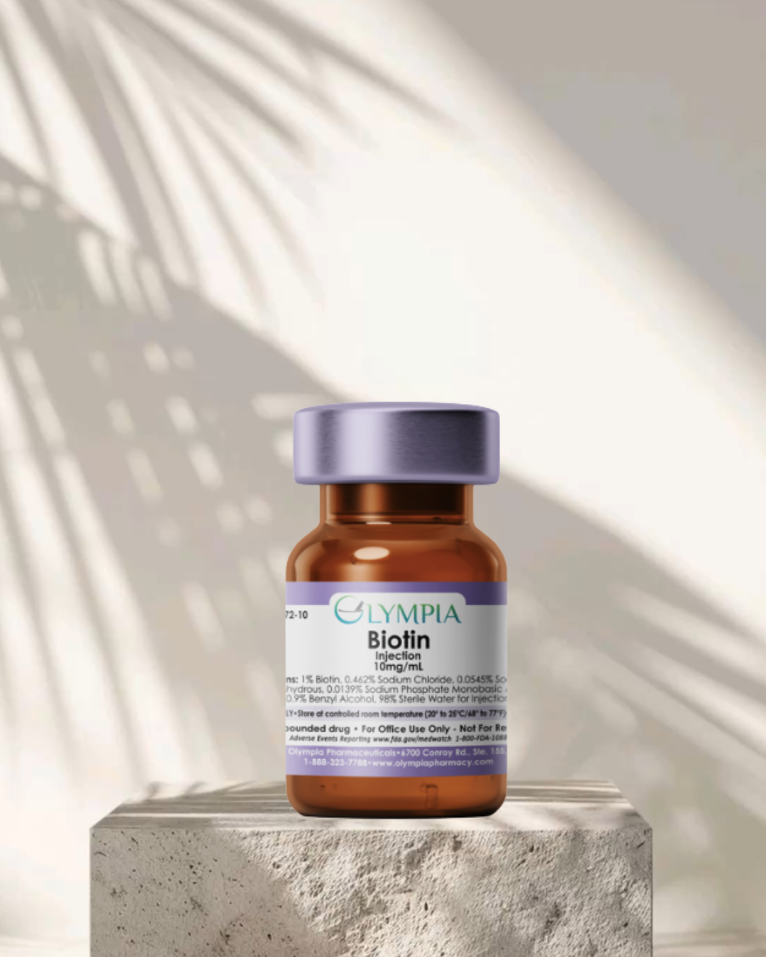 A brown medication bottle labeled 'Biofin Injection 10mg/mL' on a textured surface with shadows of leaves and sunlight in the background