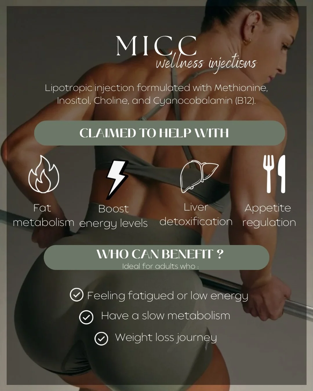 Our event best-seller for a reason ✨

MICC wellness injections are a favorite among our SOLV community for supporting energy, metabolism, and overall wellness from within.

Whether you&rsquo;re getting back into routine, prioritizing your wellness go