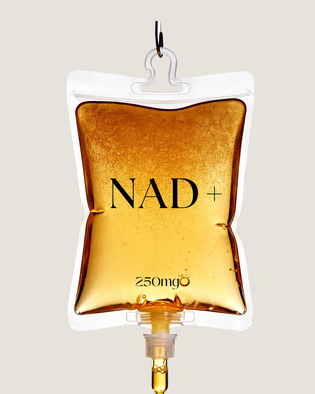 A medical IV bag filled with a yellowish liquid labeled 'NAD+' with a dosage of 250mg, hanging from a hook.