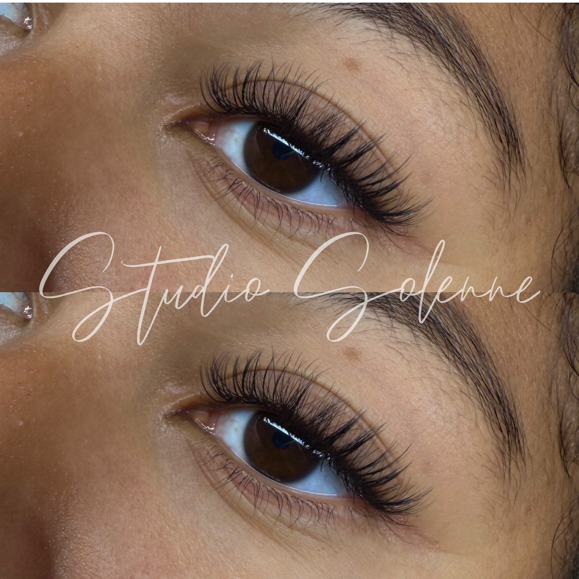 Close-up of a person's eye with long eyelashes. Text overlay says 'Studio Solenne'.