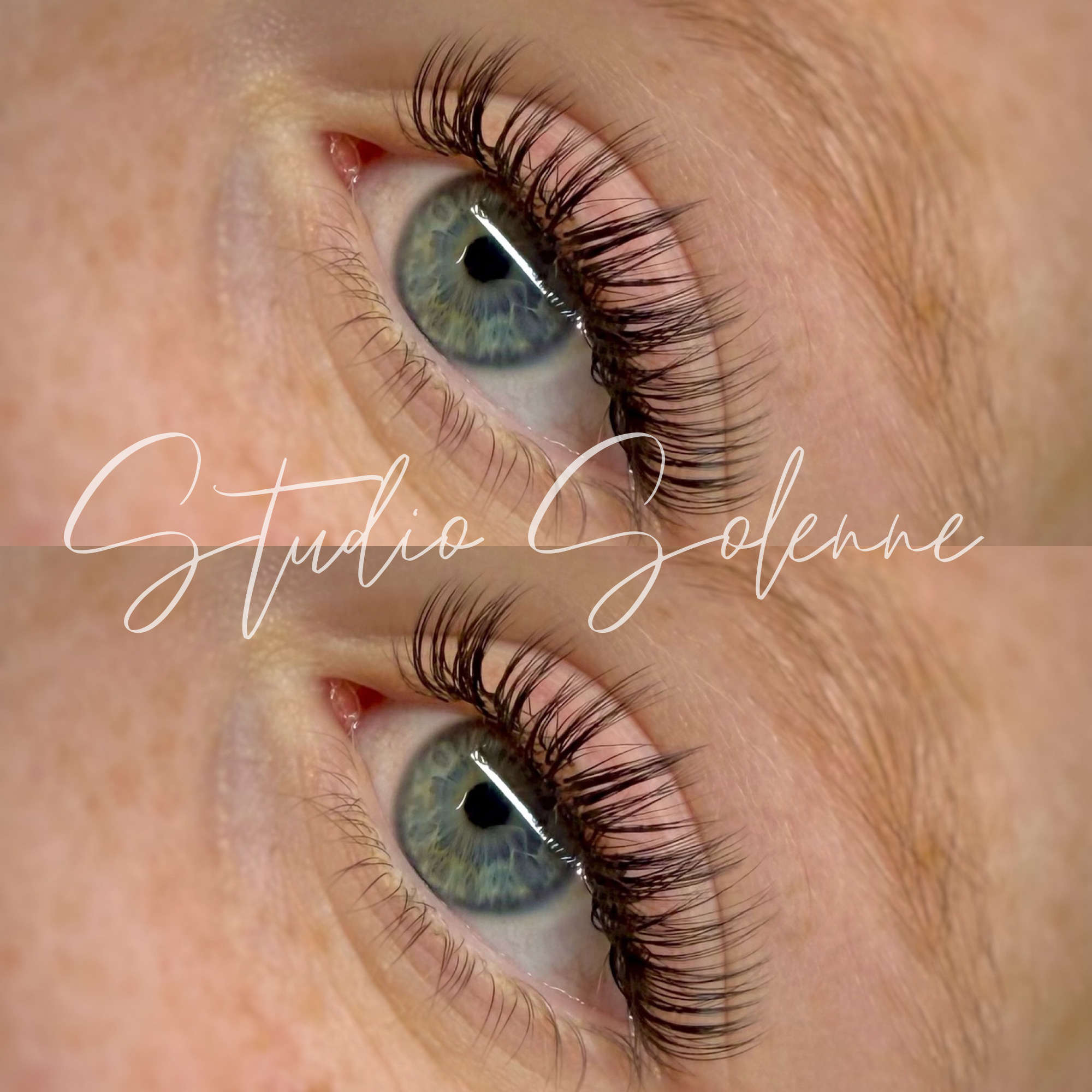 Close-up of a person's eye with long eyelashes and a multi-colored iris, with a watermark reading 'Studio Solenne' across the center.