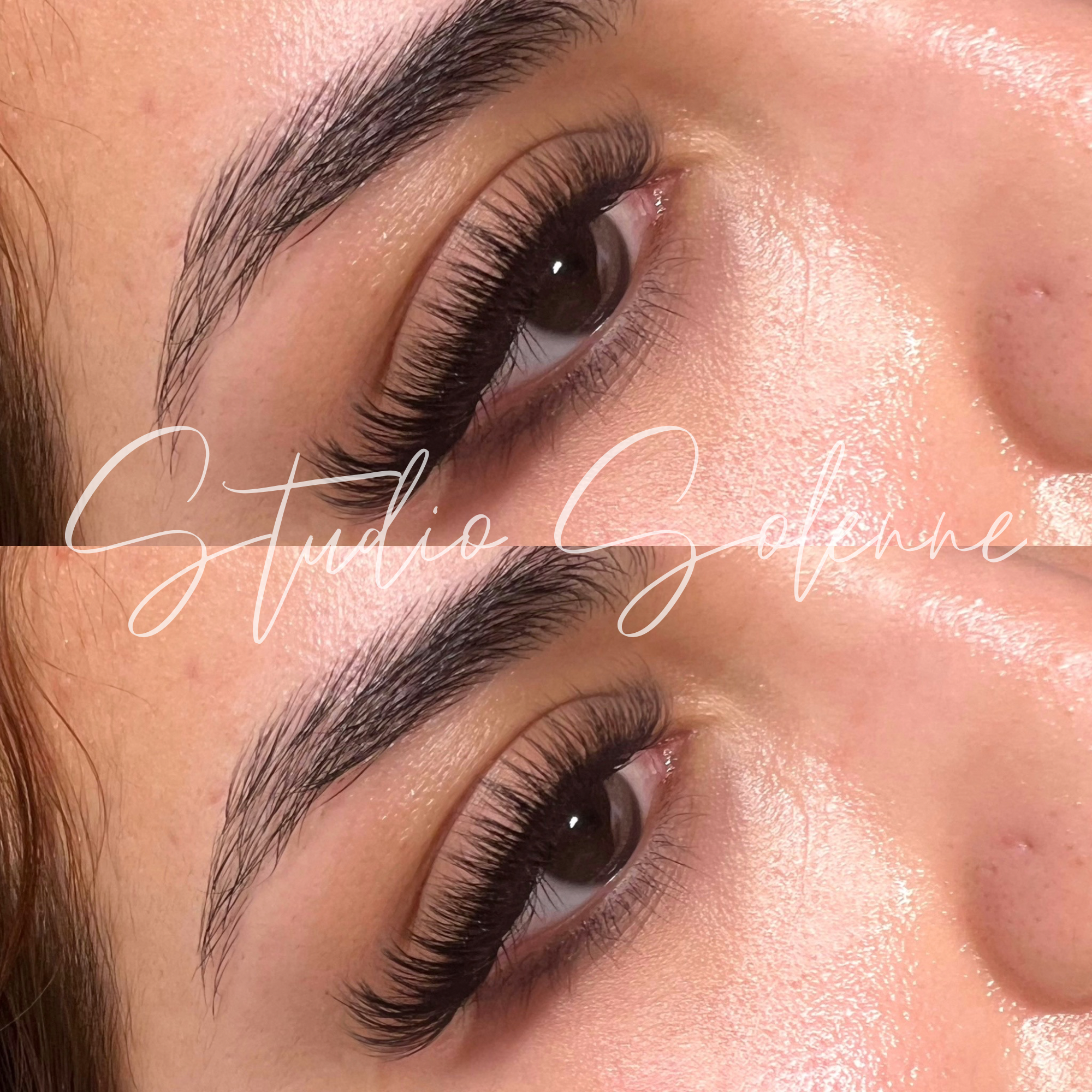 Close-up of a person's eye with well-groomed eyebrow and long eyelashes, showing detailed skin texture around the eye.
