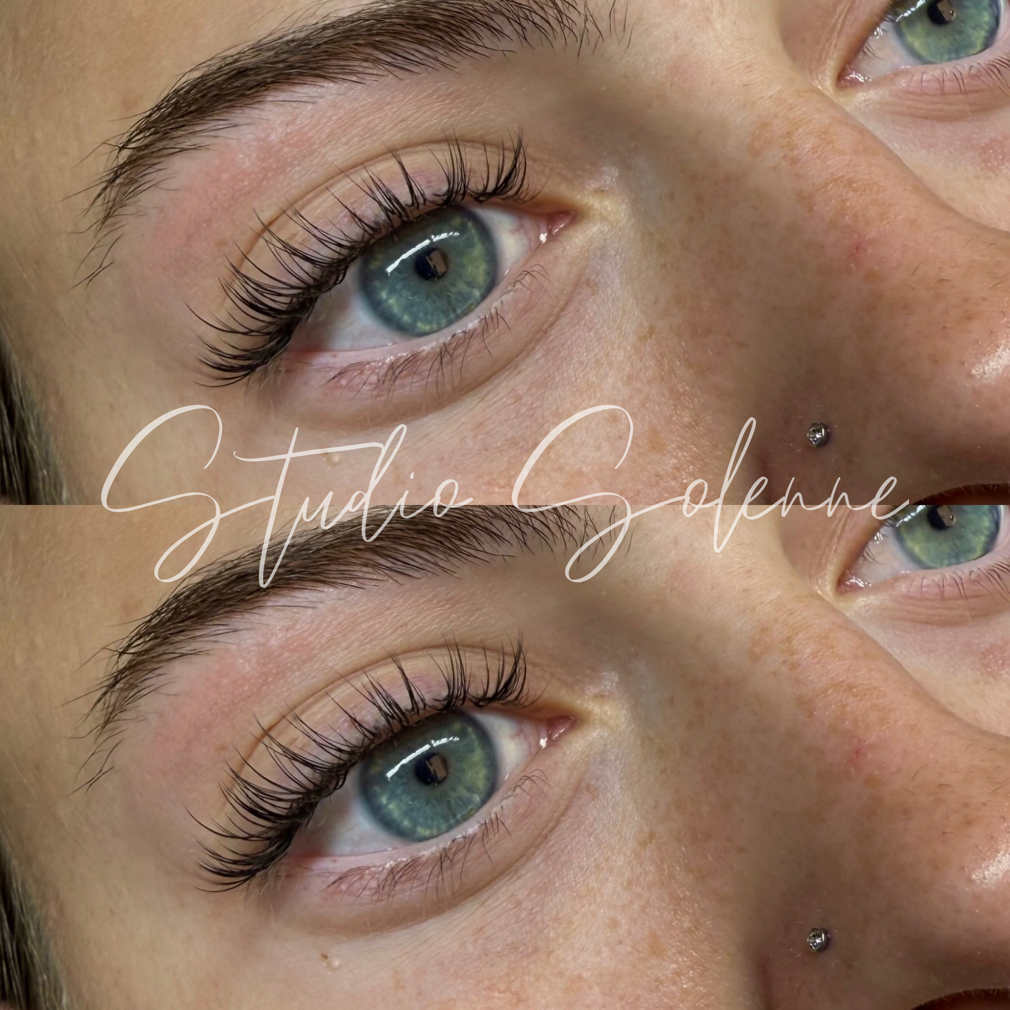 Close-up of a person's eye showing long, curled eyelashes, green iris, and a nose piercing in the nostril.