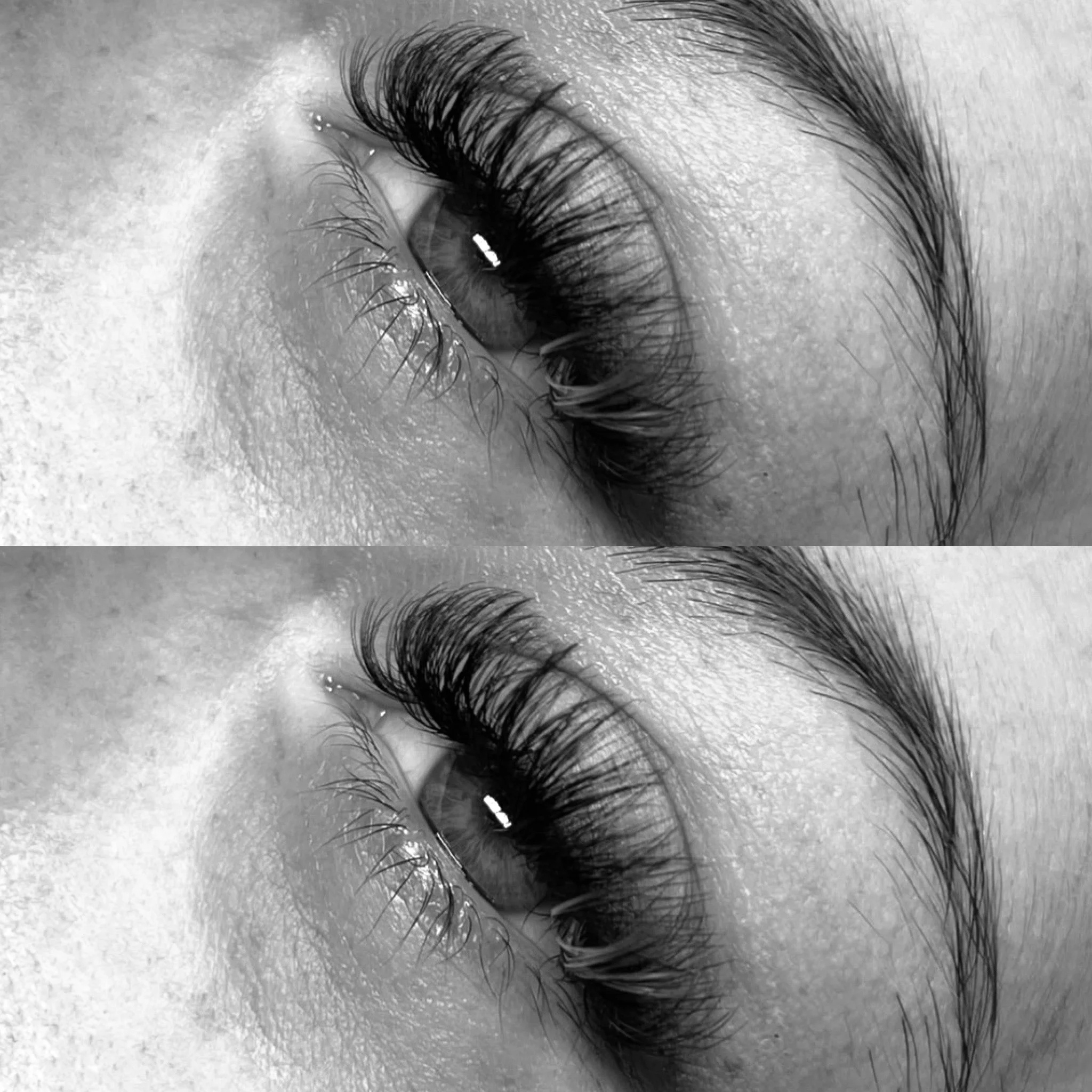 Black and white close-up image of a person's eye, eyelashes, and eyebrow, duplicated in a mirrored arrangement.