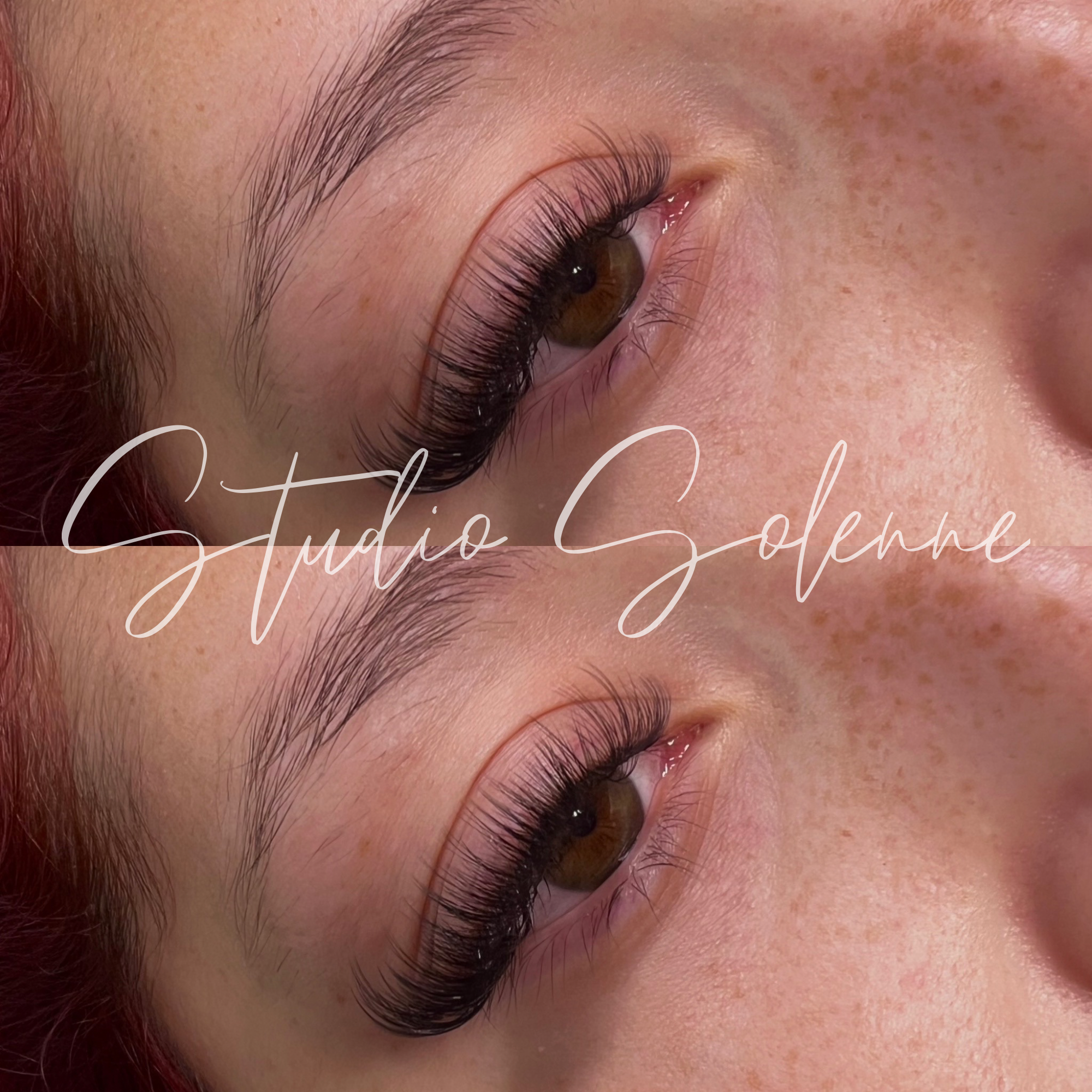 Close-up of a person's eye with long, curled eyelashes and natural skin texture, with Studio Solenne written across the image.