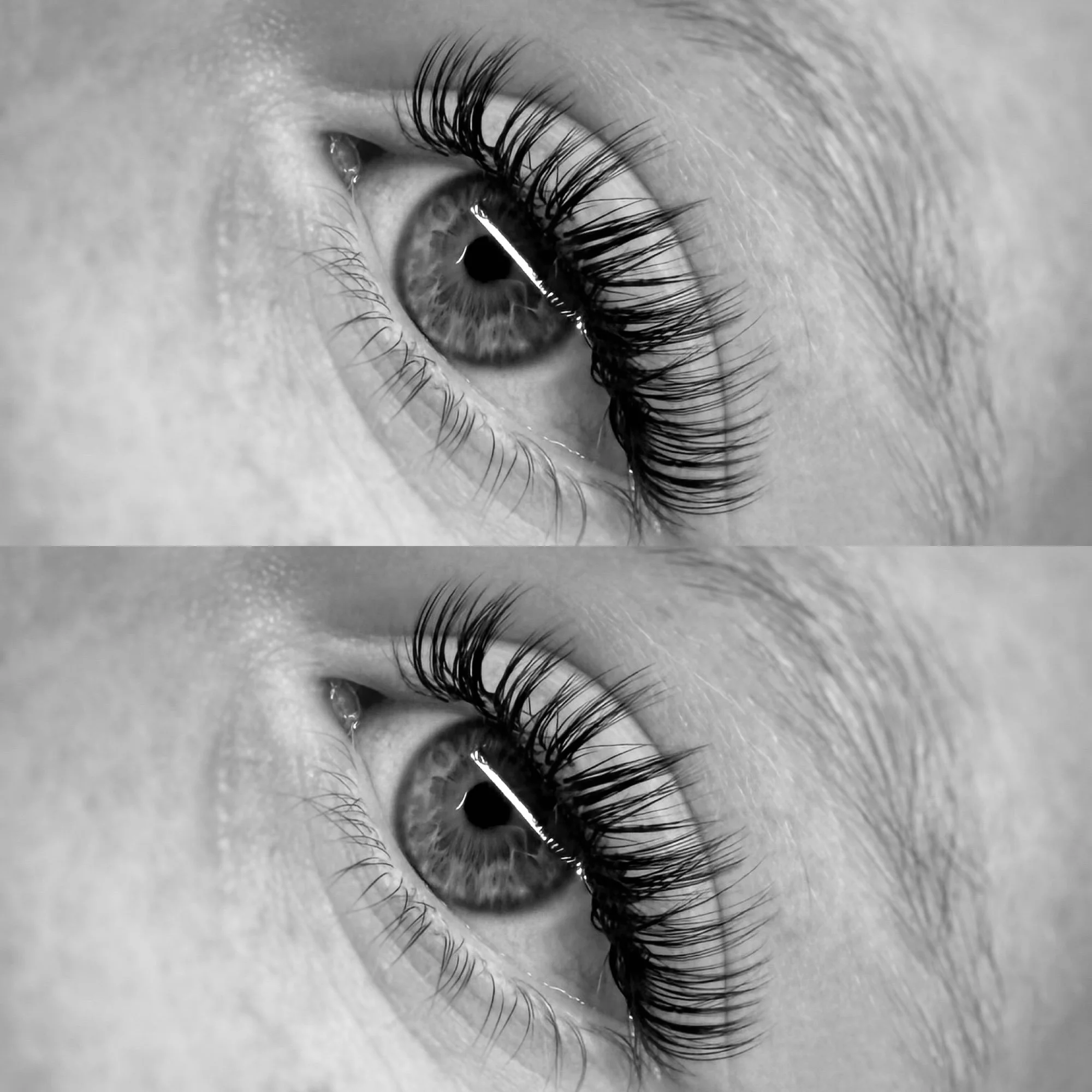Close-up of a human eye, showing detailed eyelashes, iris, and reflection in the eye, in black and white, with a duplicate above.