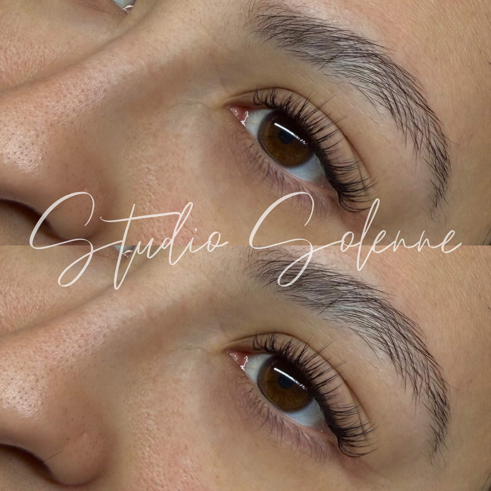 Close-up of a person's eye and nose, showing well-groomed eyebrow, long eyelashes, and brown iris, with the text 'Studio Solenne' overlayed.